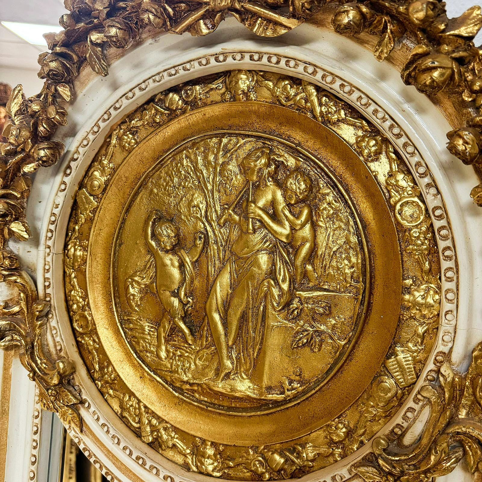 Baroque Style Gold Leaf Floor Mirror Set- Ornate Carved Off-White/Beige Frame