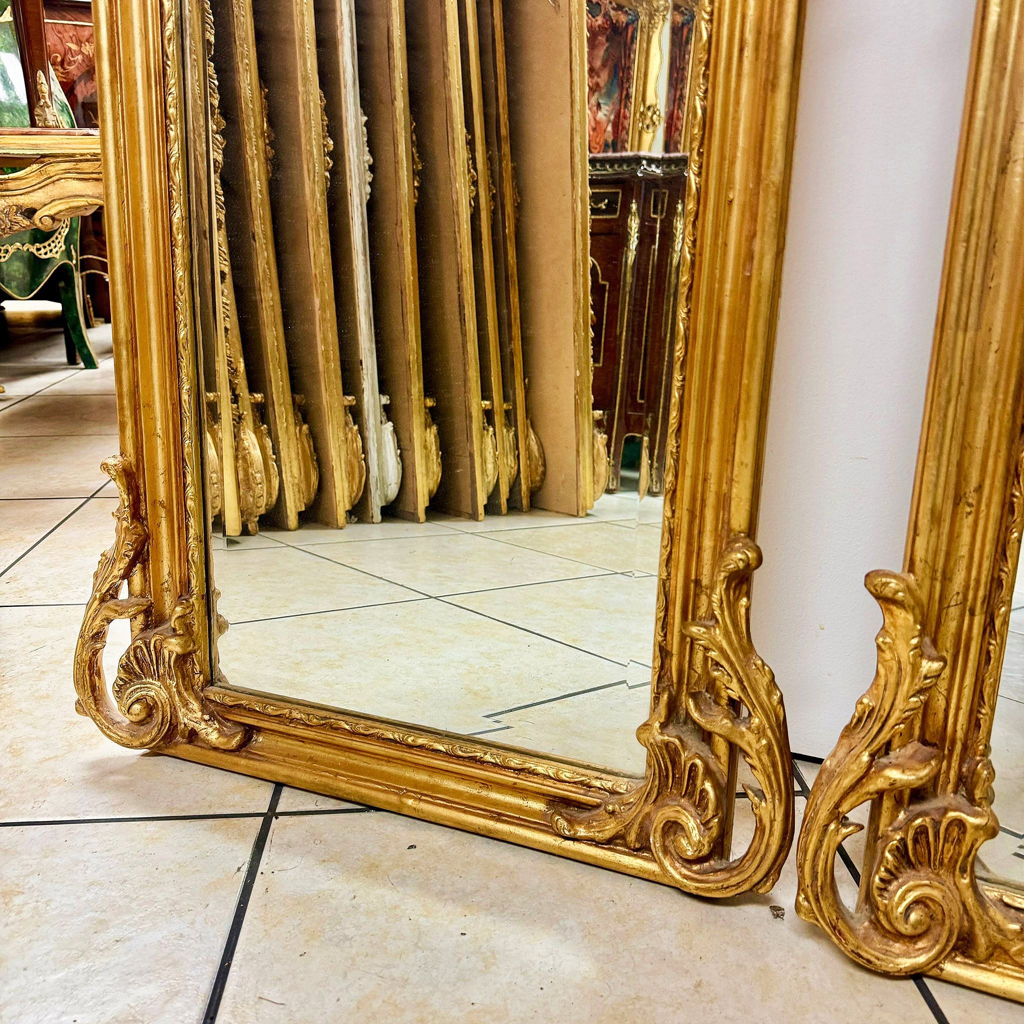 French Baroque Style Victorian Style Gold Woman Floor Mirror Bronze Details