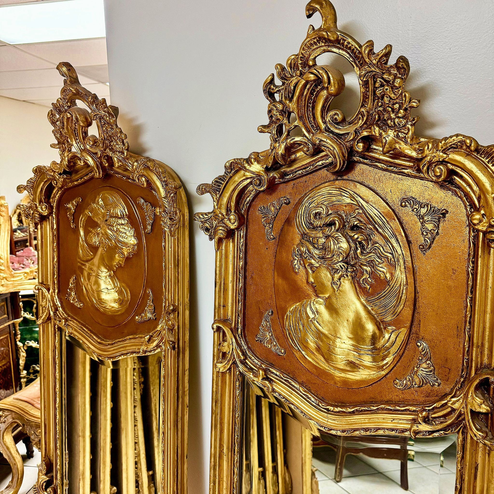 French Baroque Style Victorian Style Gold Woman Floor Mirror Bronze Details
