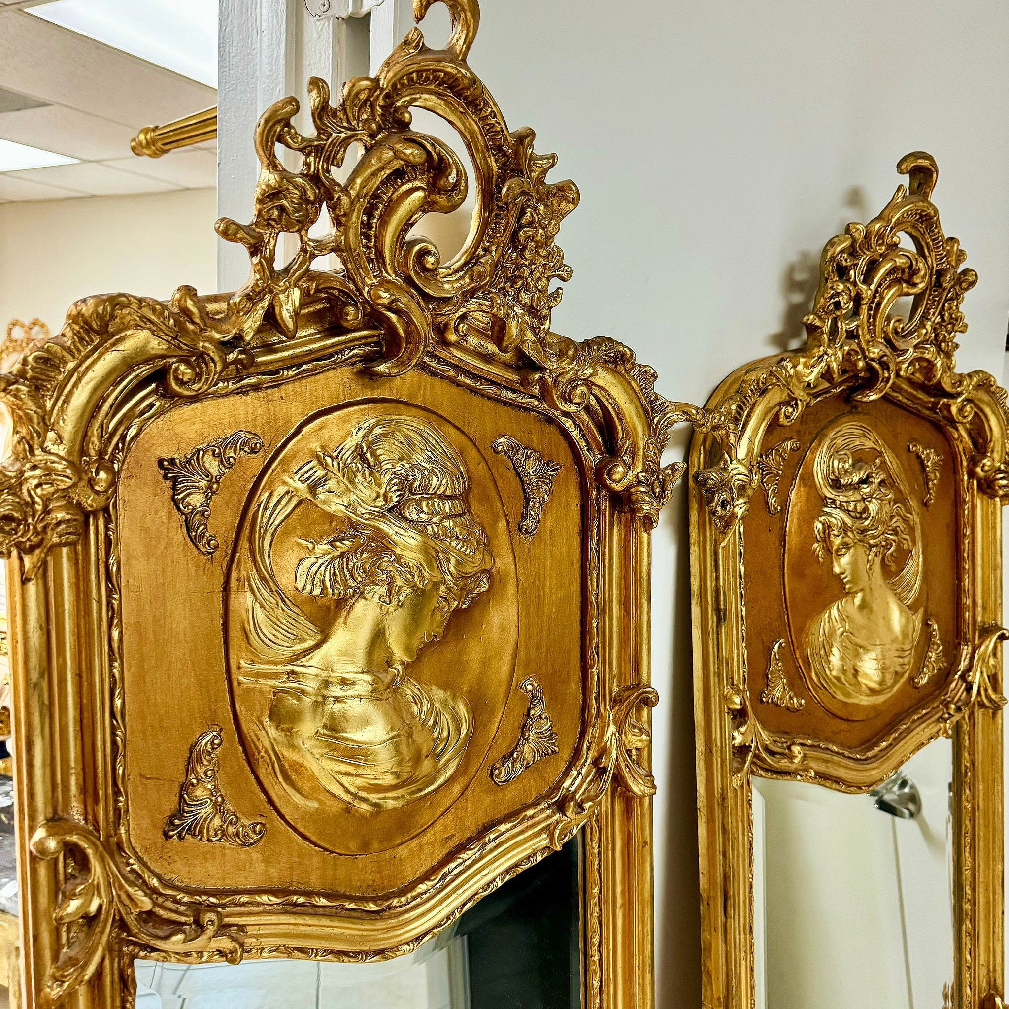 French Baroque Style Victorian Style Gold Woman Floor Mirror Bronze Details