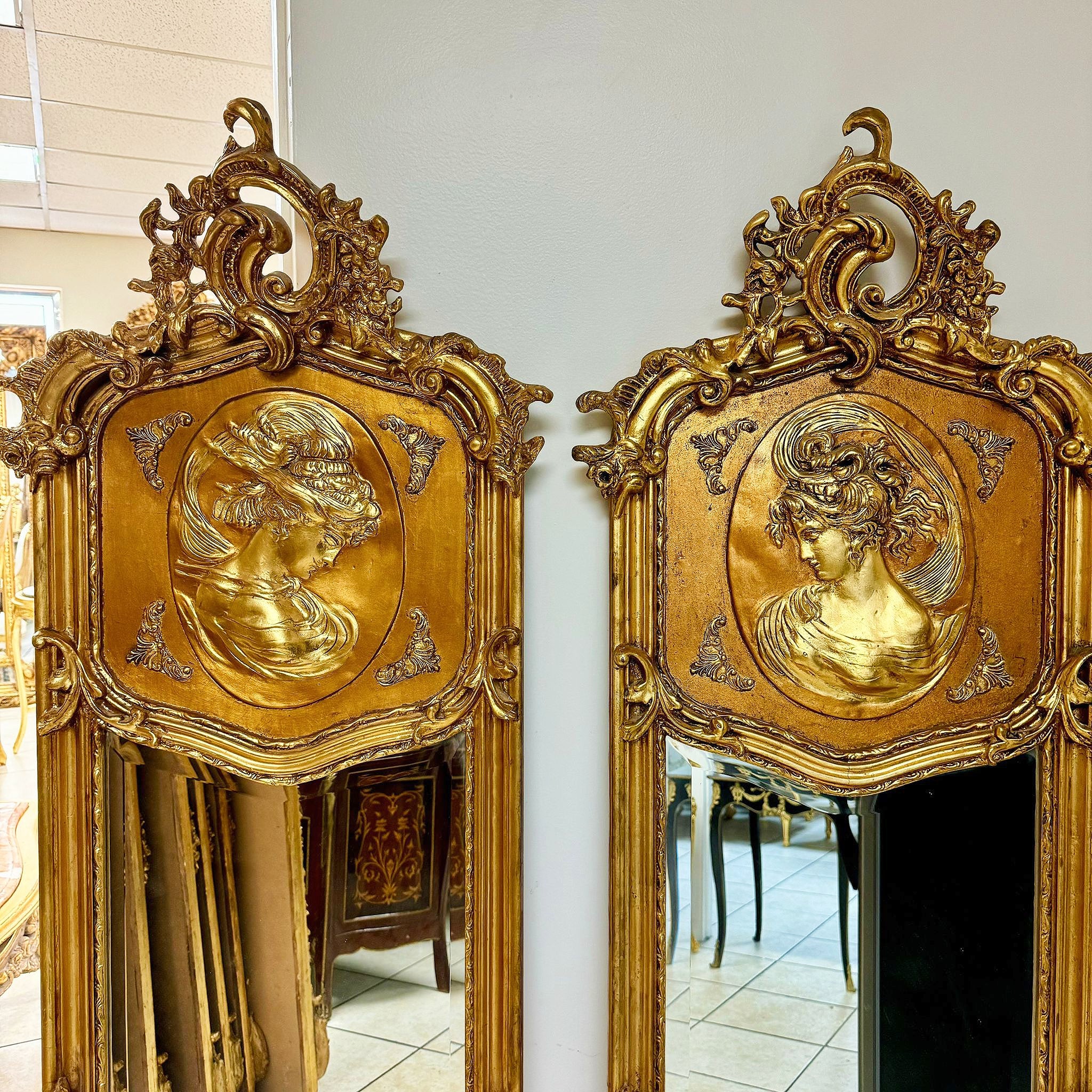 French Baroque Style Victorian Style Gold Woman Floor Mirror Bronze Details