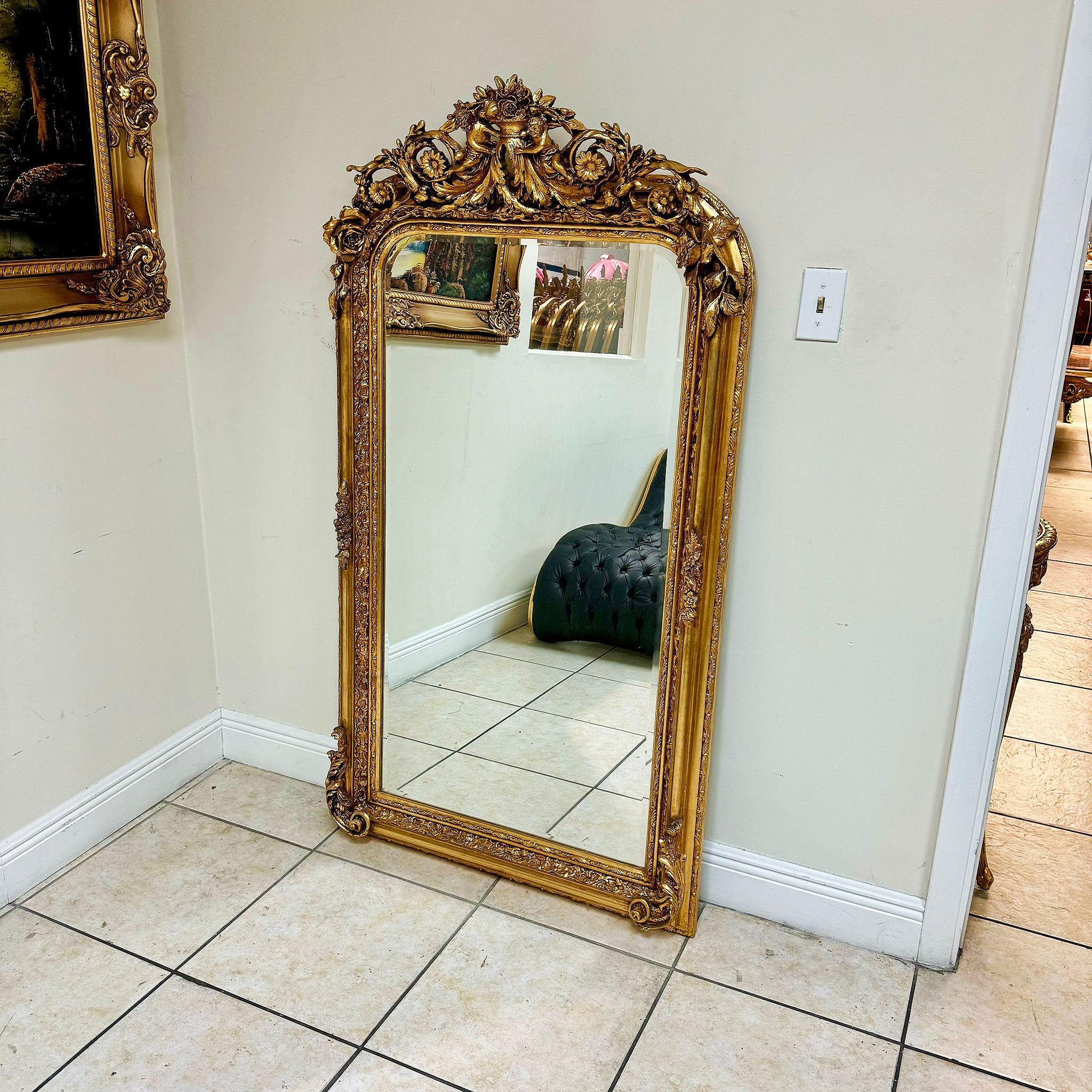 French Style Gold Floral Floor Mirror 5 Feet Tall Gold Leaf