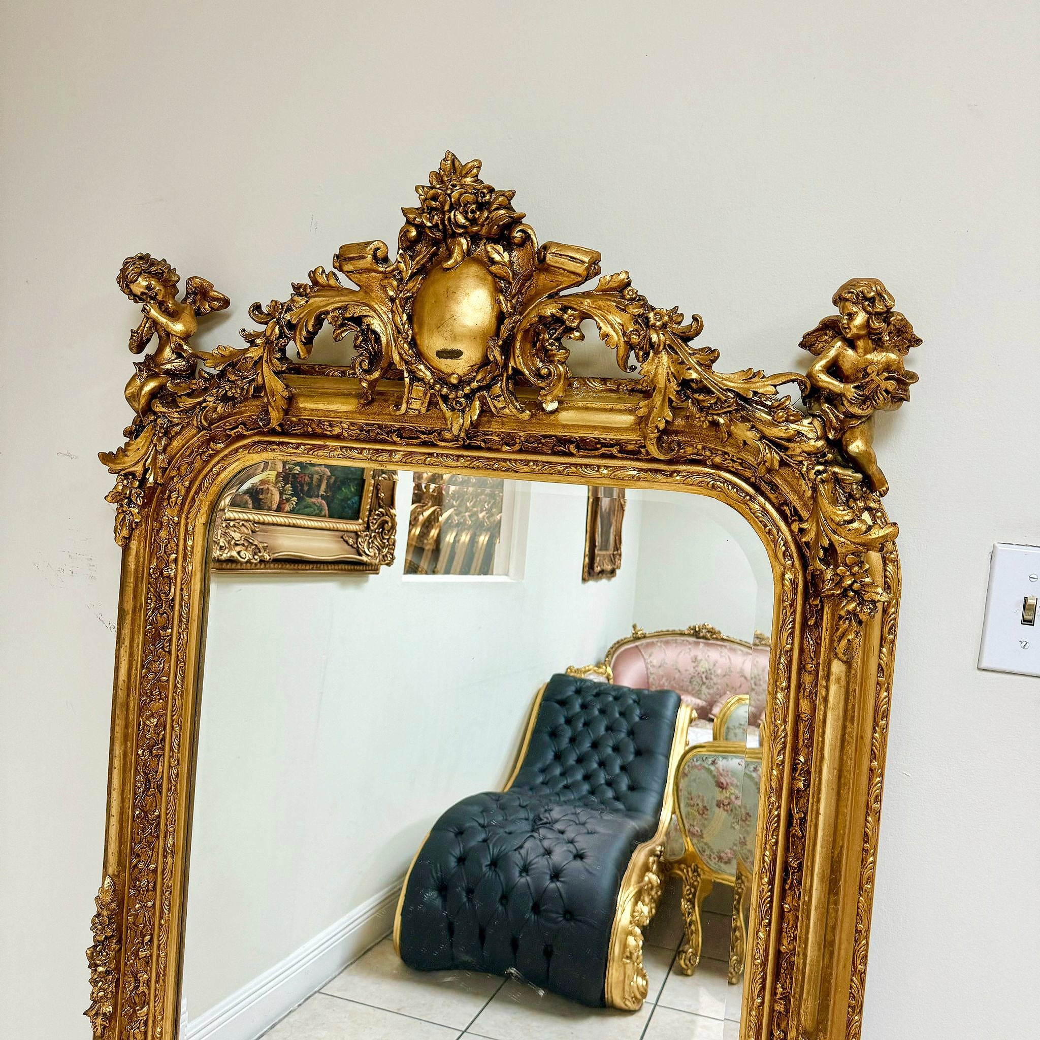 5ft French Style Gold Floor Mirror – Ornate Gold Leaf Frame, Elegant Design