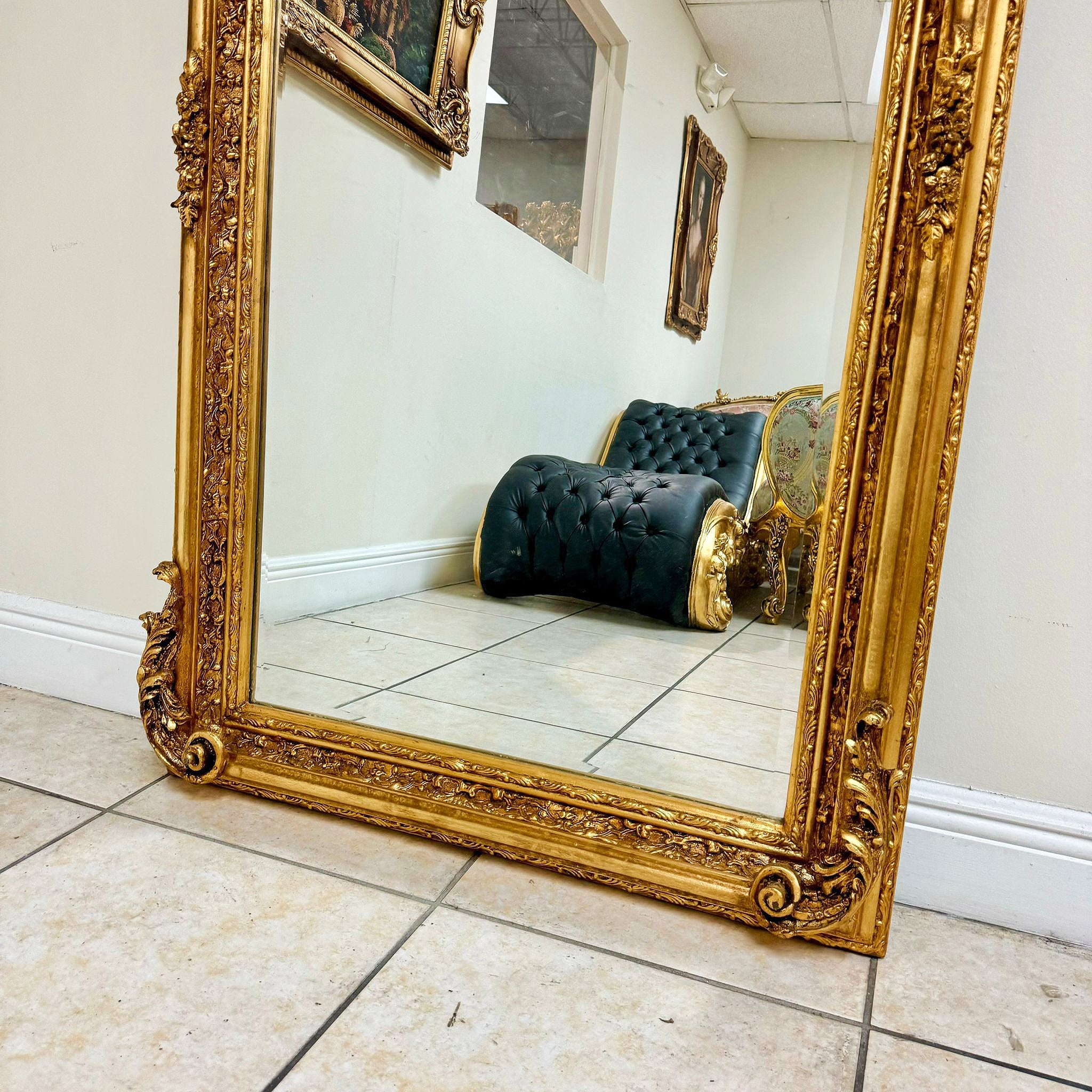 5ft French Style Gold Floor Mirror – Ornate Gold Leaf Frame, Elegant Design