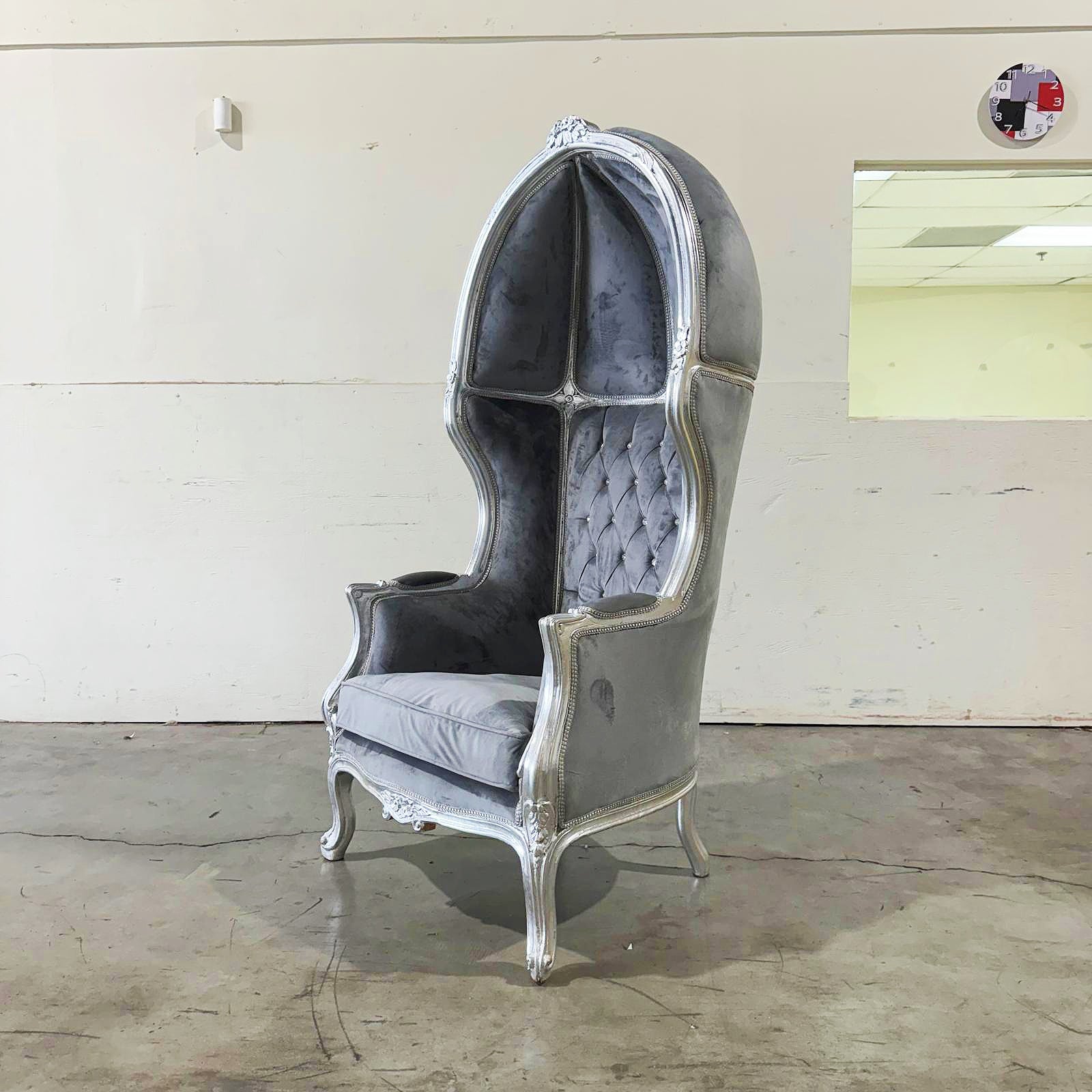 Balloon Chair French Style Gray Velvet High-Back Canopy Lacquer Chair