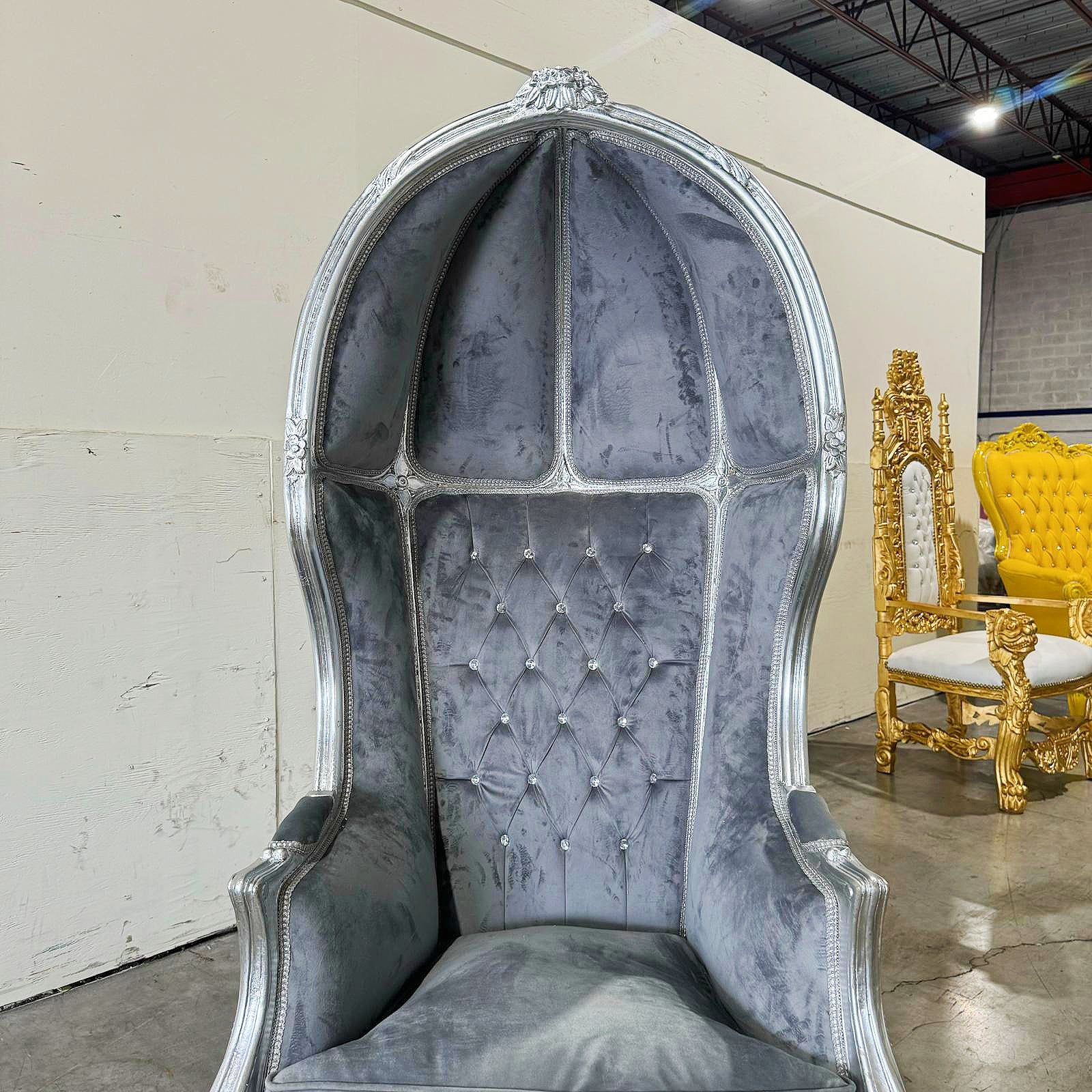 Balloon Chair French Style Gray Velvet High-Back Canopy Lacquer Chair