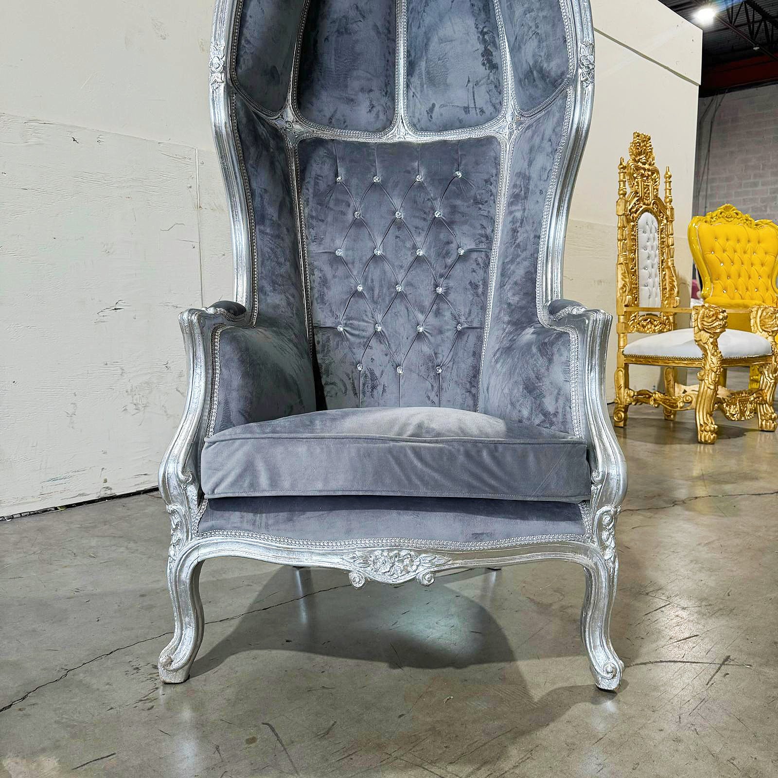 Balloon Chair French Style Gray Velvet High-Back Canopy Lacquer Chair