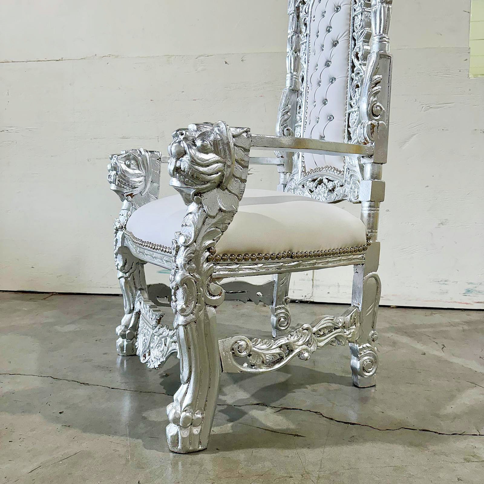 King Throne Chair with White Leather Silver Leaf Details French Medieval Style