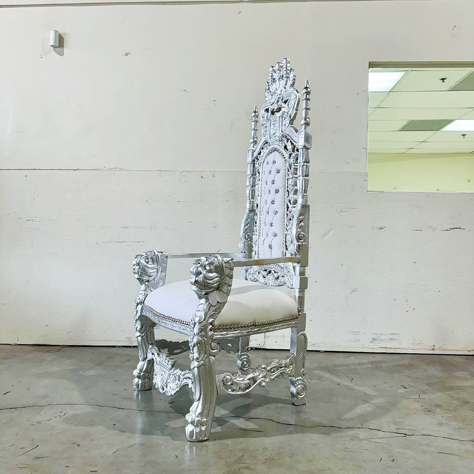 King Throne Chair with White Leather Silver Leaf Details French Medieval Style