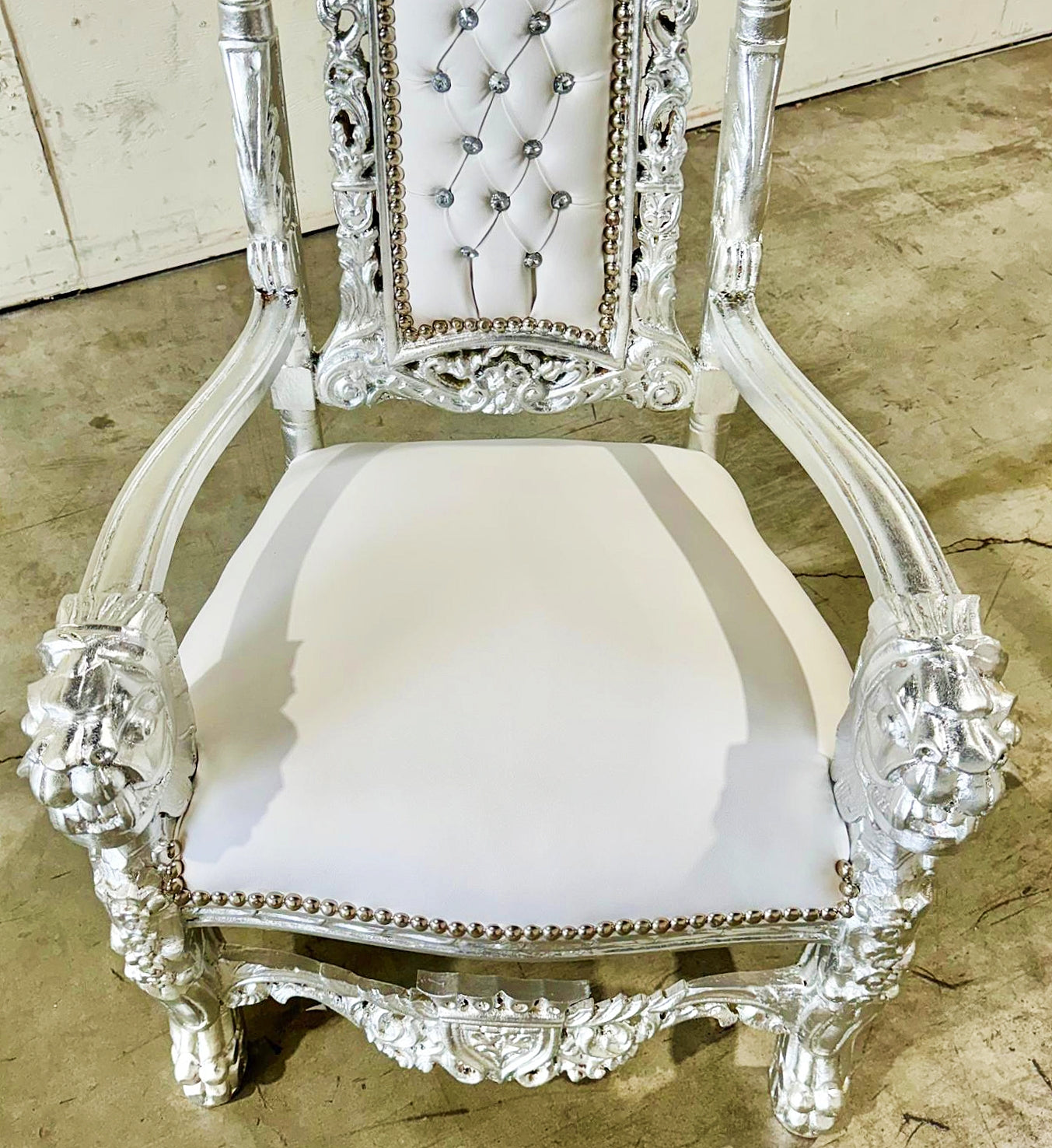 King Throne Chair with White Leather Silver Leaf Details French Medieval Style