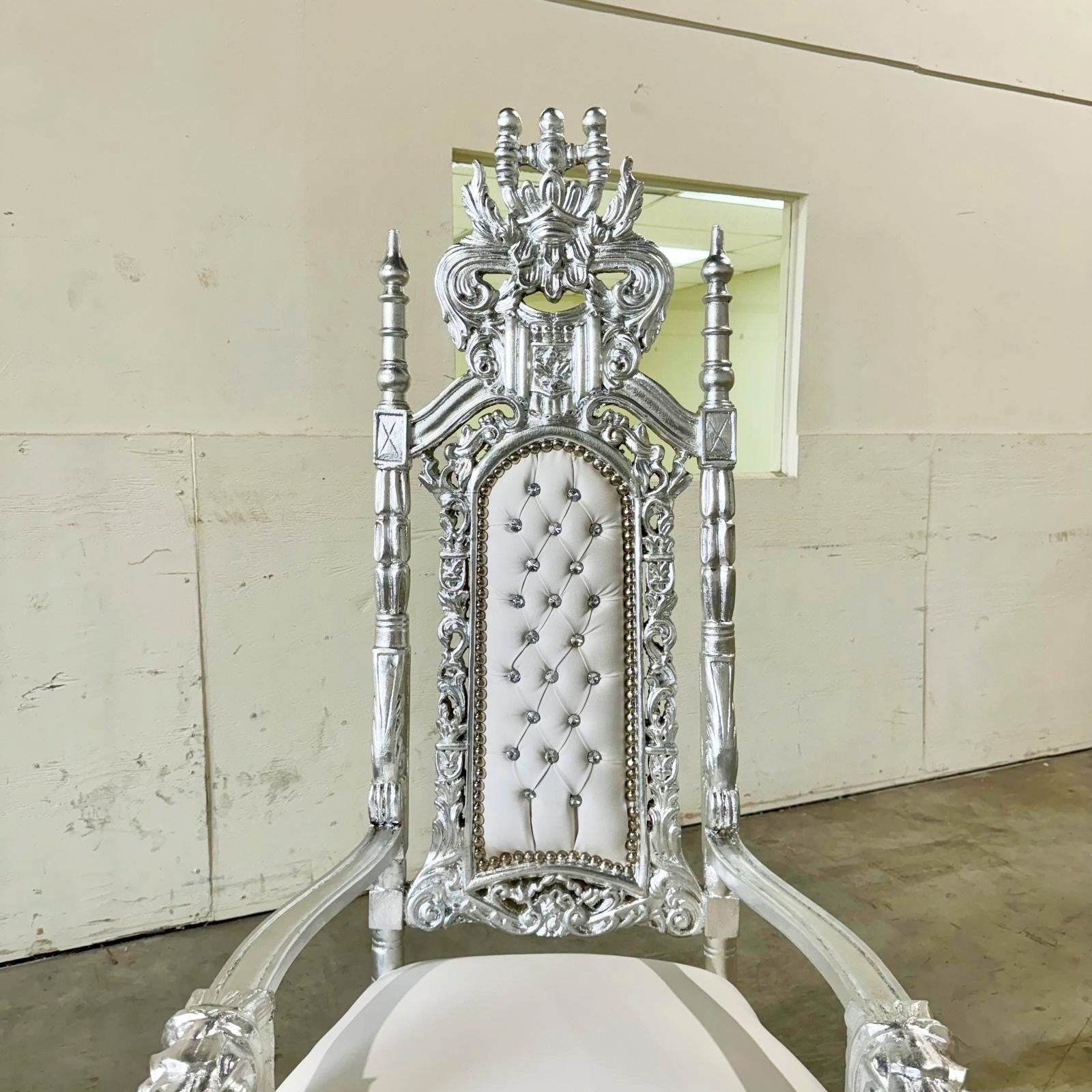 King Throne Chair with White Leather Silver Leaf Details French Medieval Style