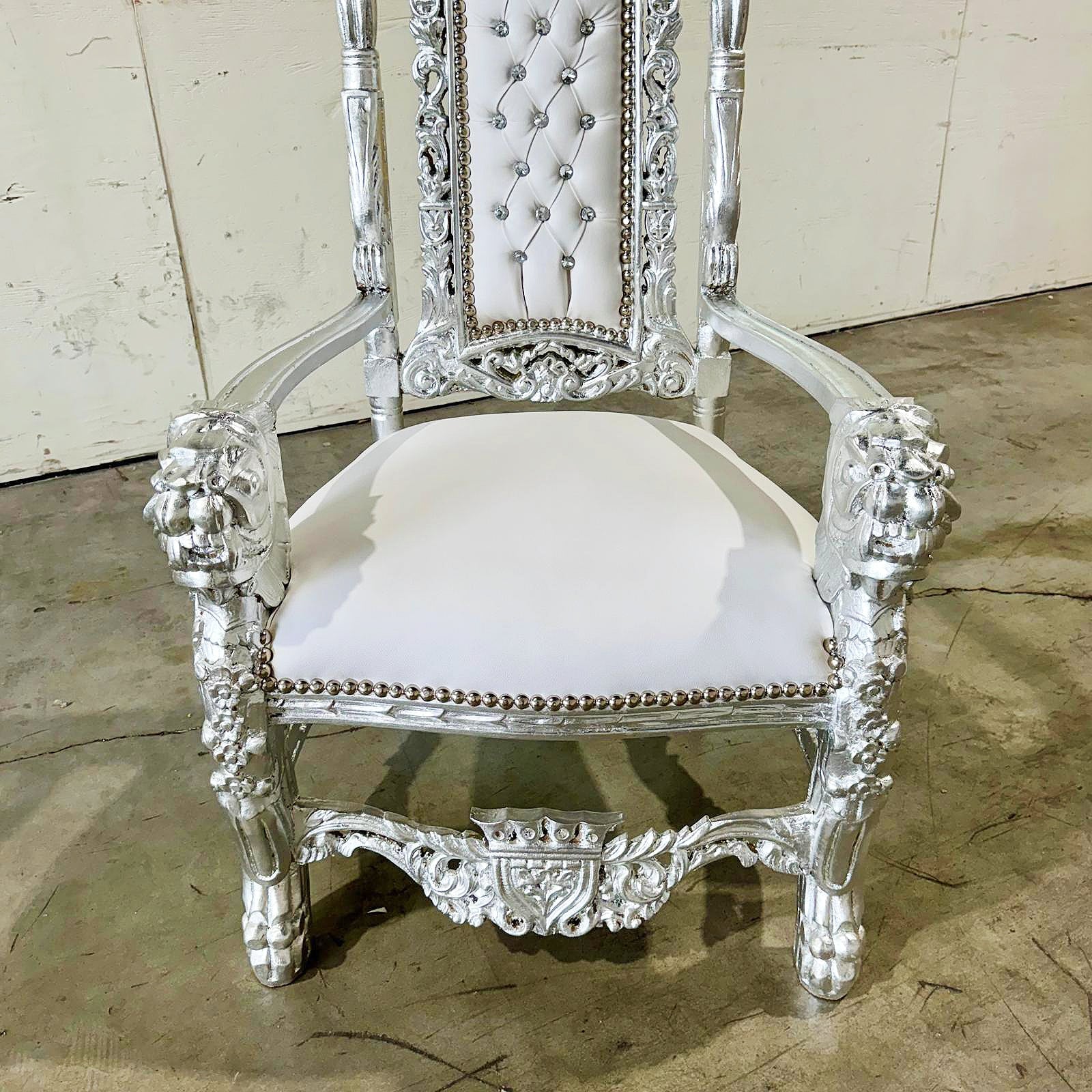 King Throne Chair with White Leather Silver Leaf Details French Medieval Style