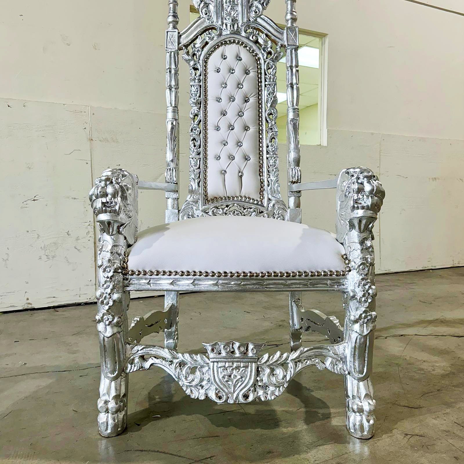 King Throne Chair with White Leather Silver Leaf Details French Medieval Style