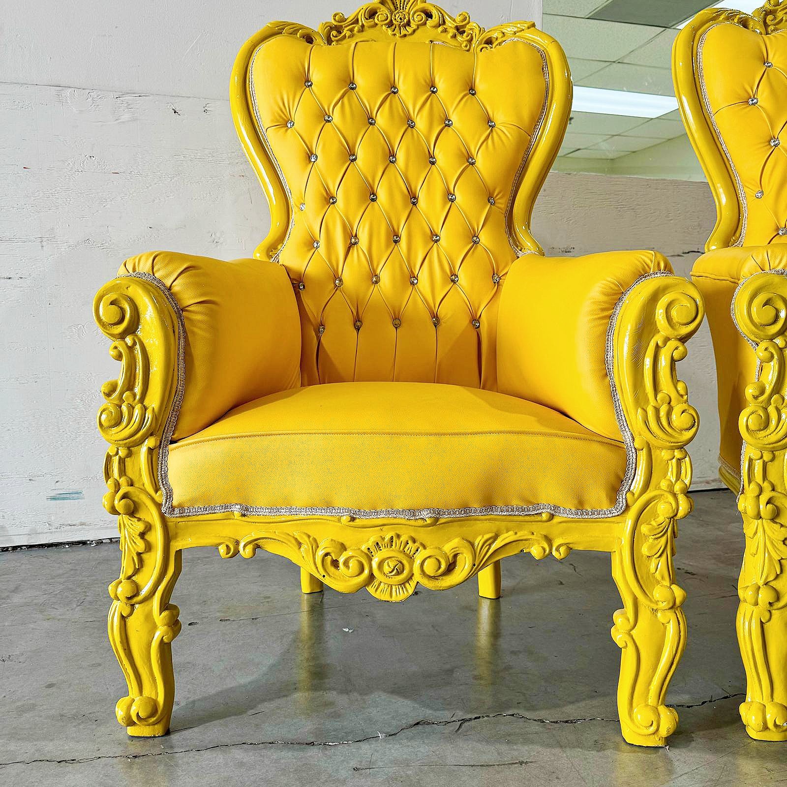 French Style Yellow Velvet Throne Chair Midsize Tufted Chair