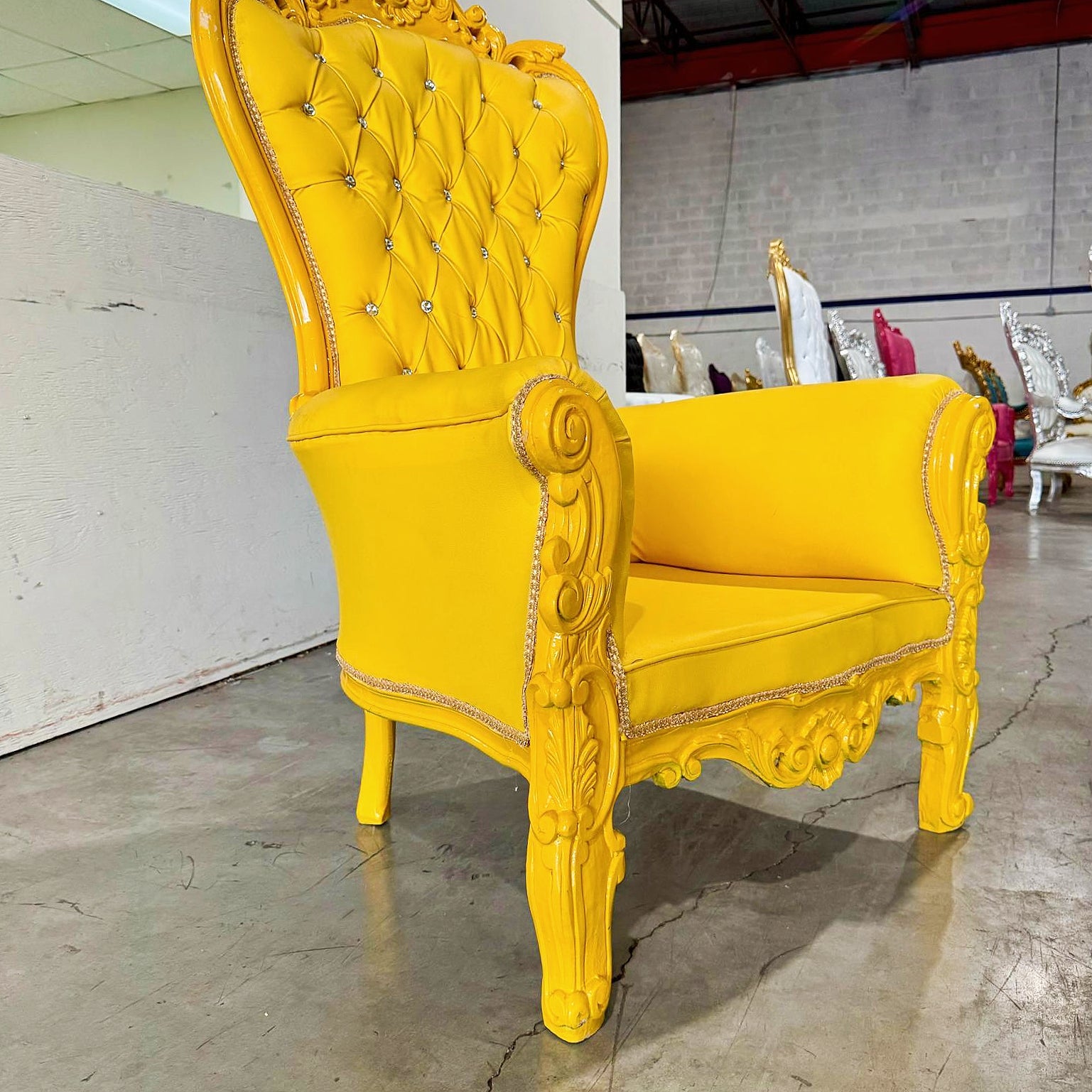 French Style Yellow Velvet Throne Chair Midsize Tufted Chair