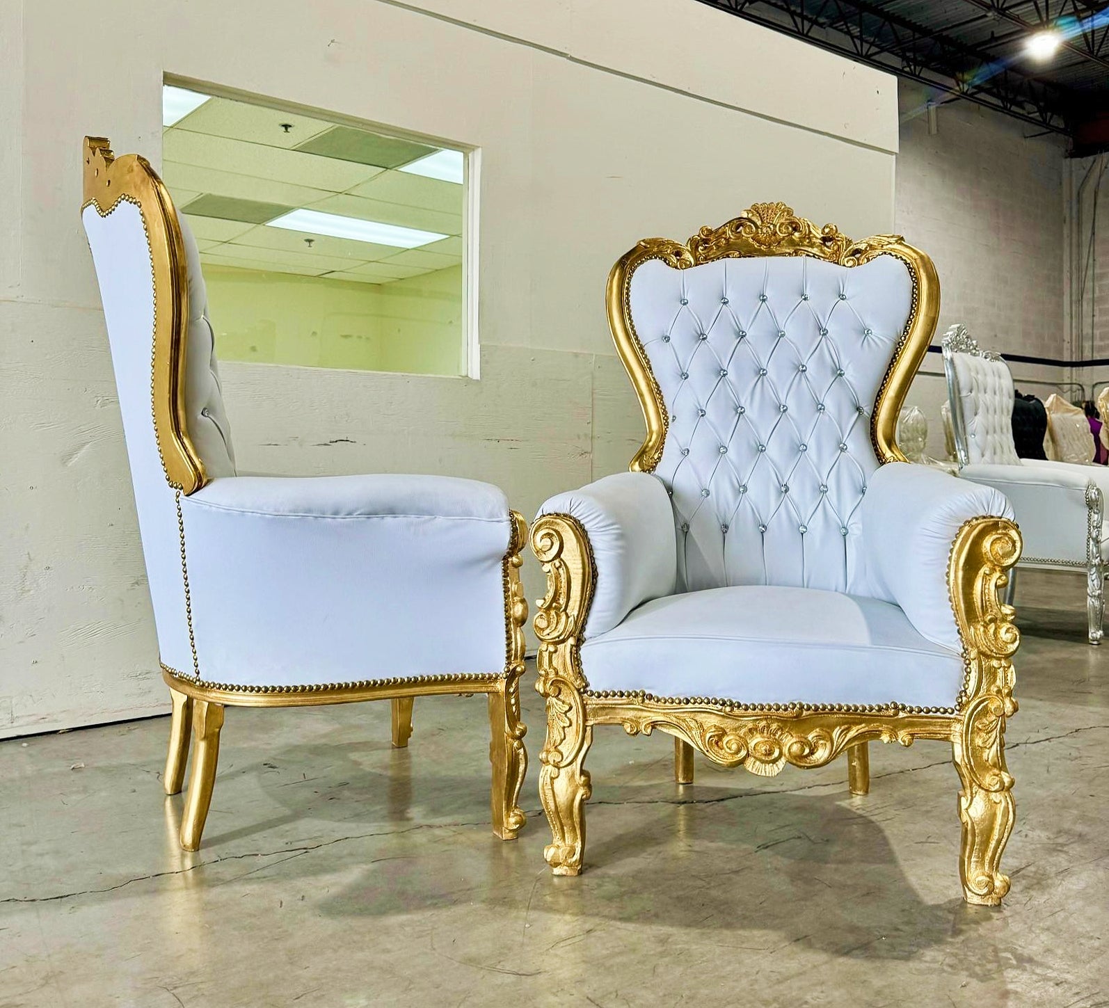 French Style White Throne Chair Midsize Tufted Chair Gold Details