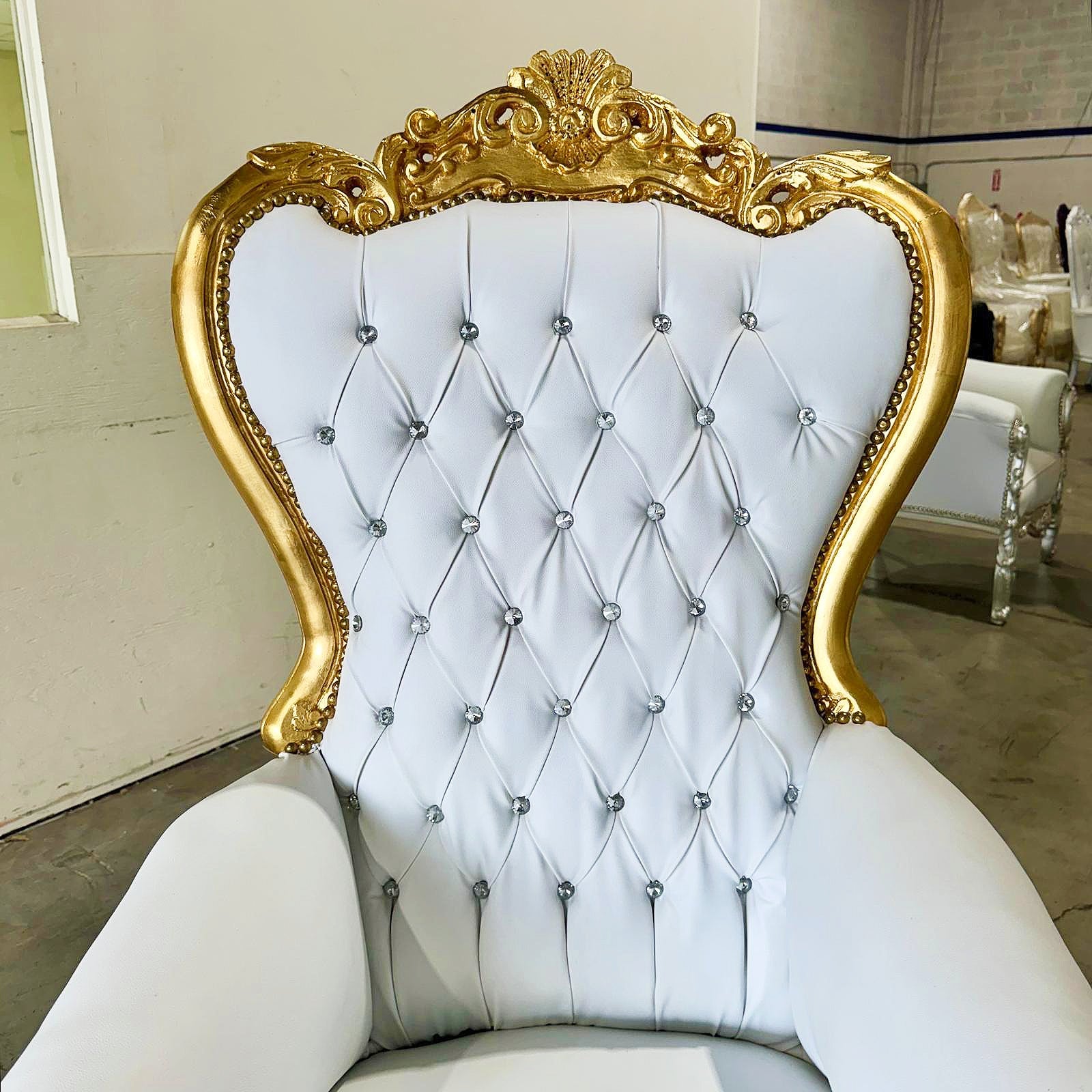 French Style White Throne Chair Midsize Tufted Chair Gold Details