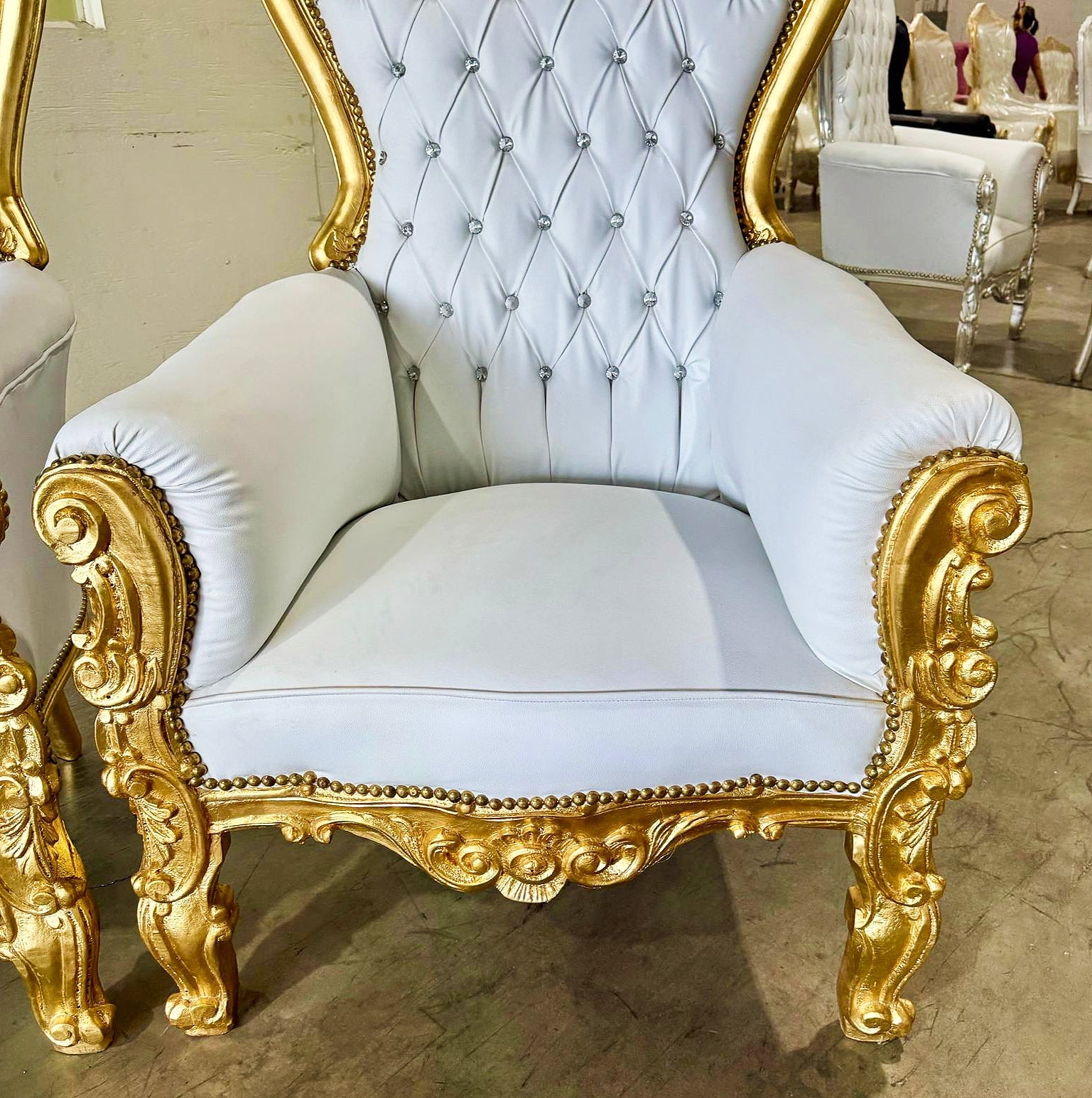 French Style White Throne Chair Midsize Tufted Chair Gold Details