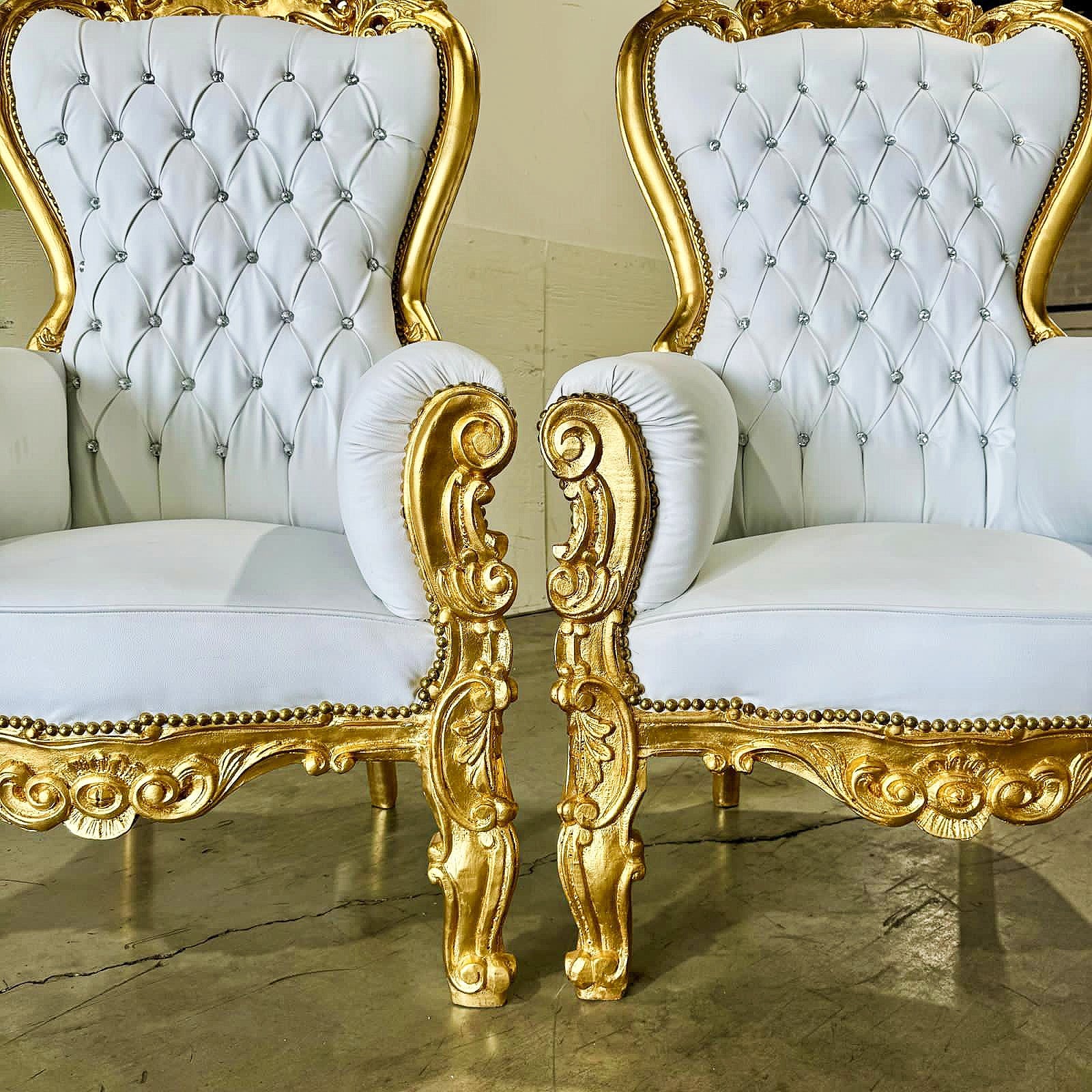 French Style White Throne Chair Midsize Tufted Chair Gold Details
