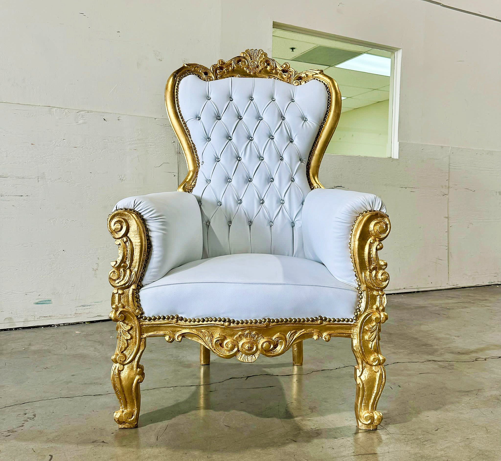 French Style White Throne Chair Midsize Tufted Chair Gold Details