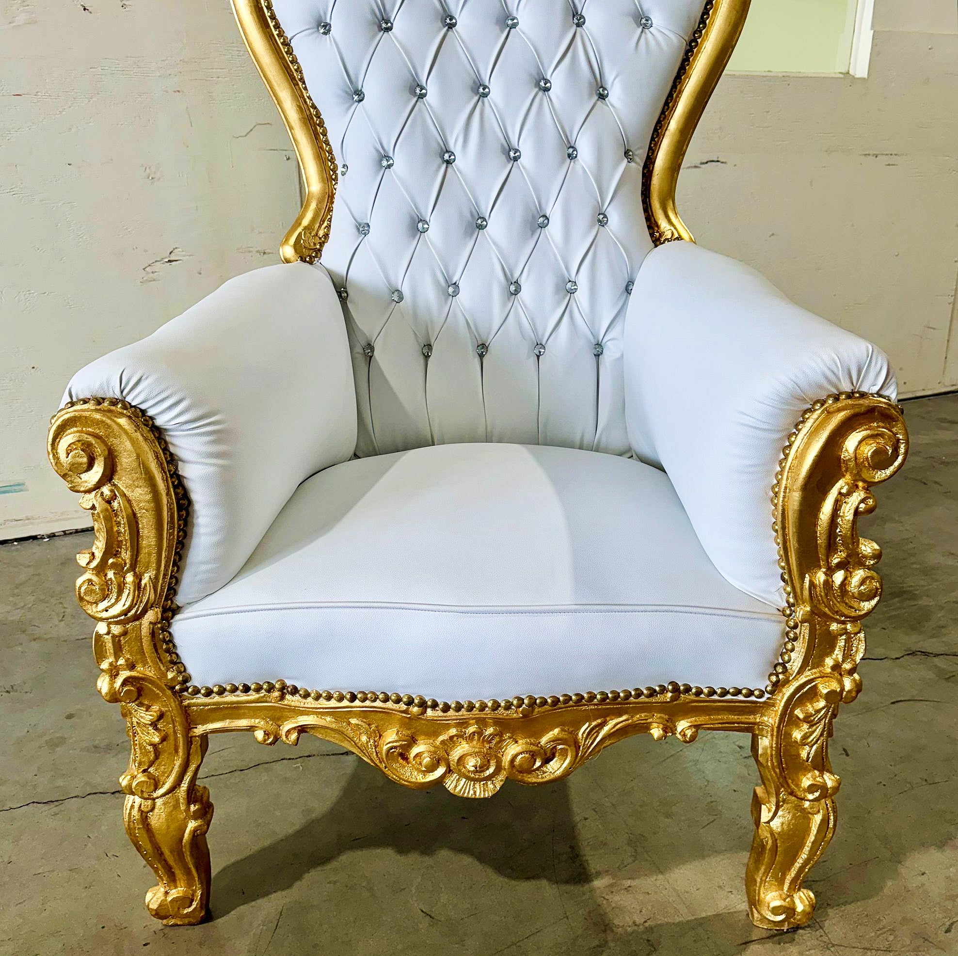 French Style White Throne Chair Midsize Tufted Chair Gold Details
