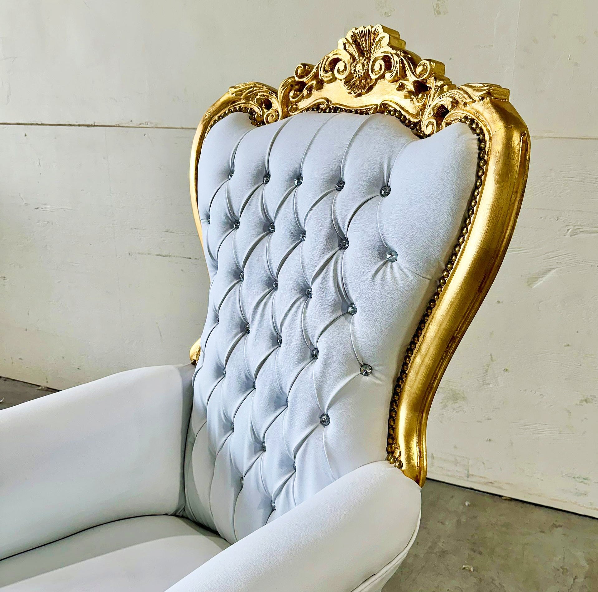 French Style White Throne Chair Midsize Tufted Chair Gold Details