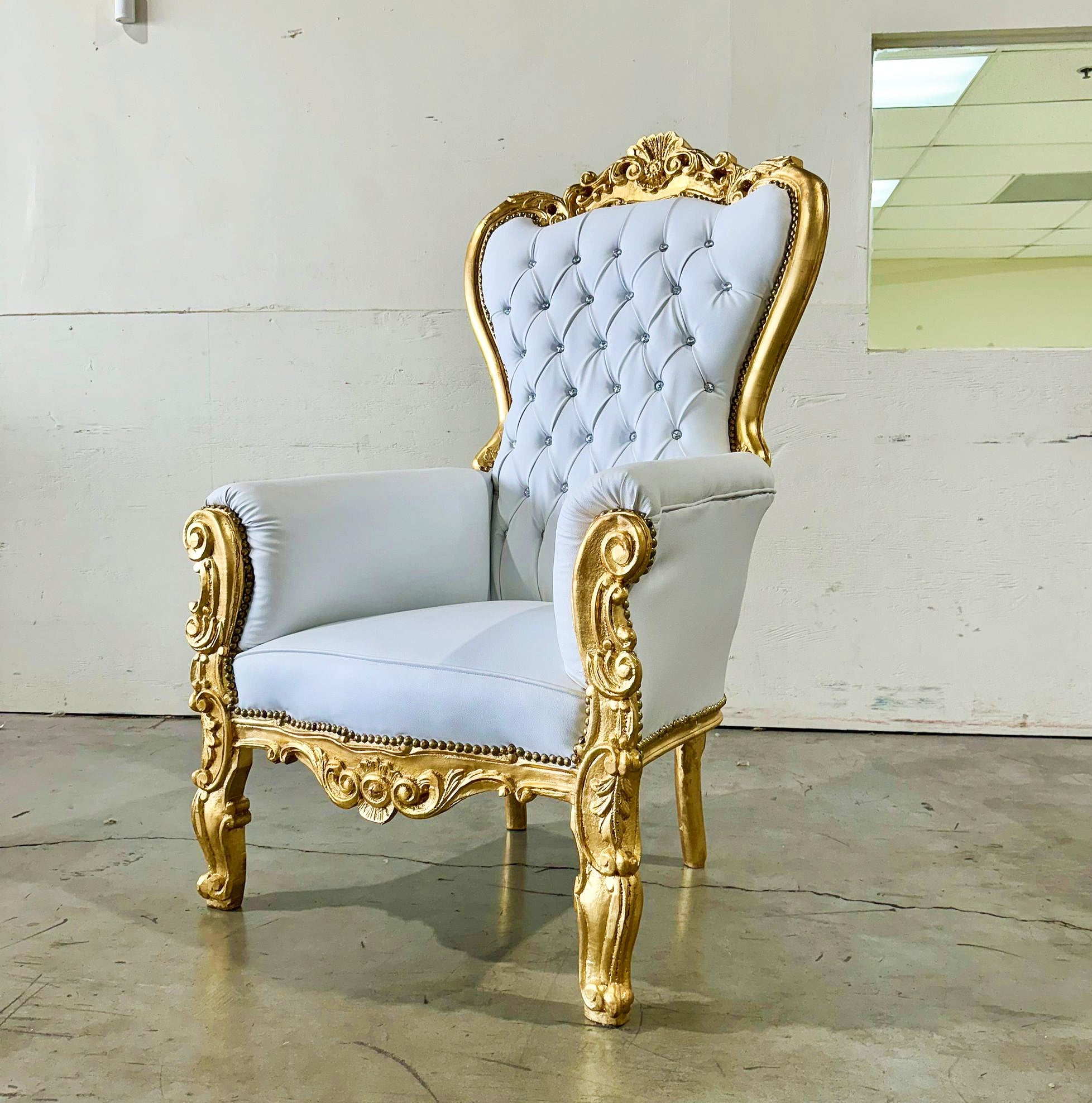 French Style White Throne Chair Midsize Tufted Chair Gold Details