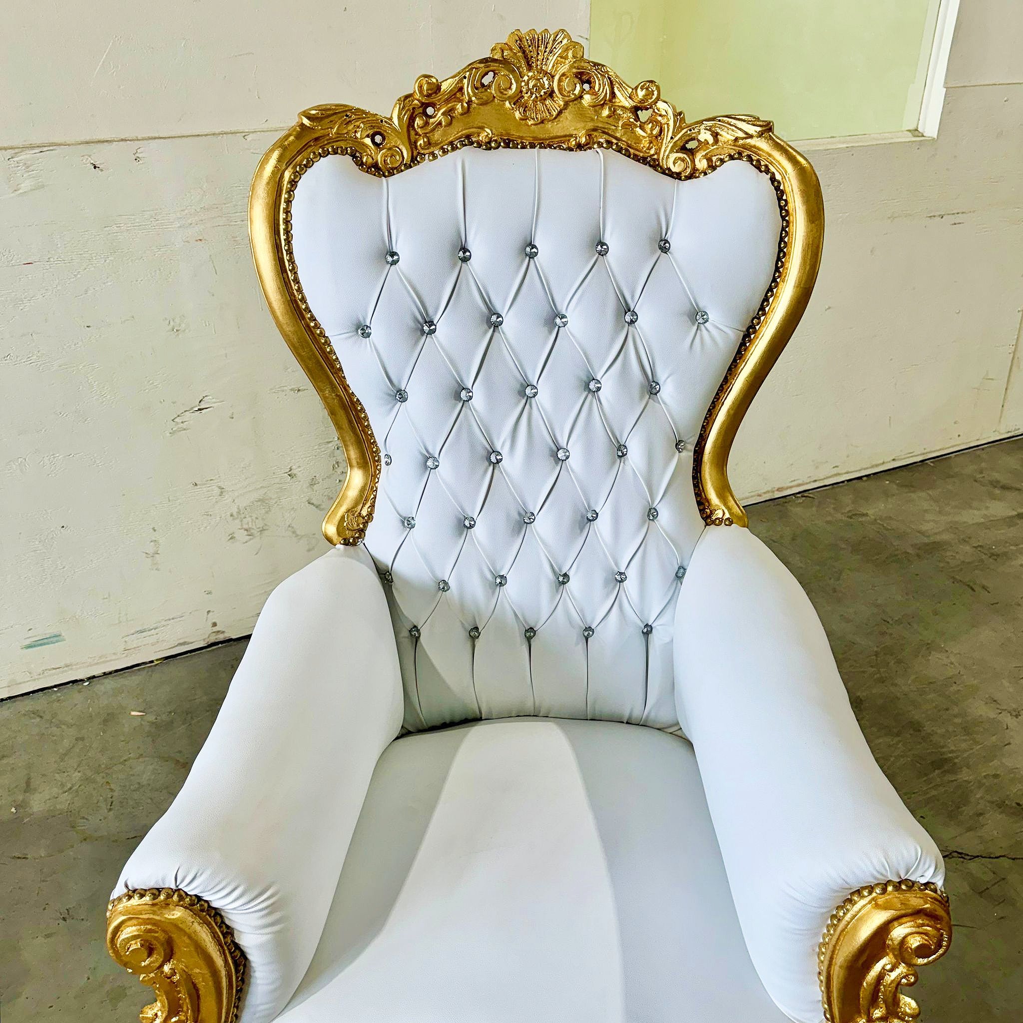 French Style White Throne Chair Midsize Tufted Chair Gold Details