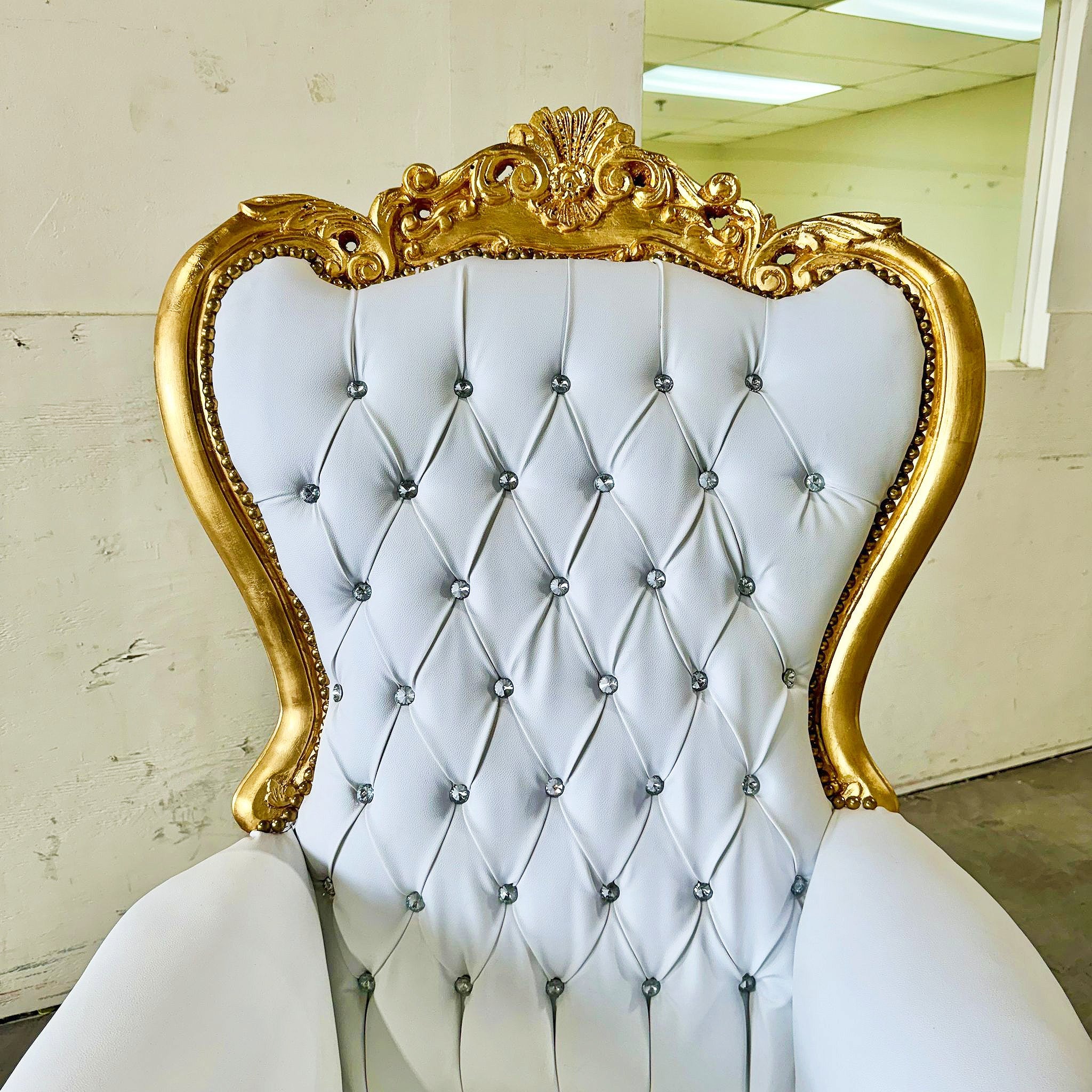 French Style White Throne Chair Midsize Tufted Chair Gold Details
