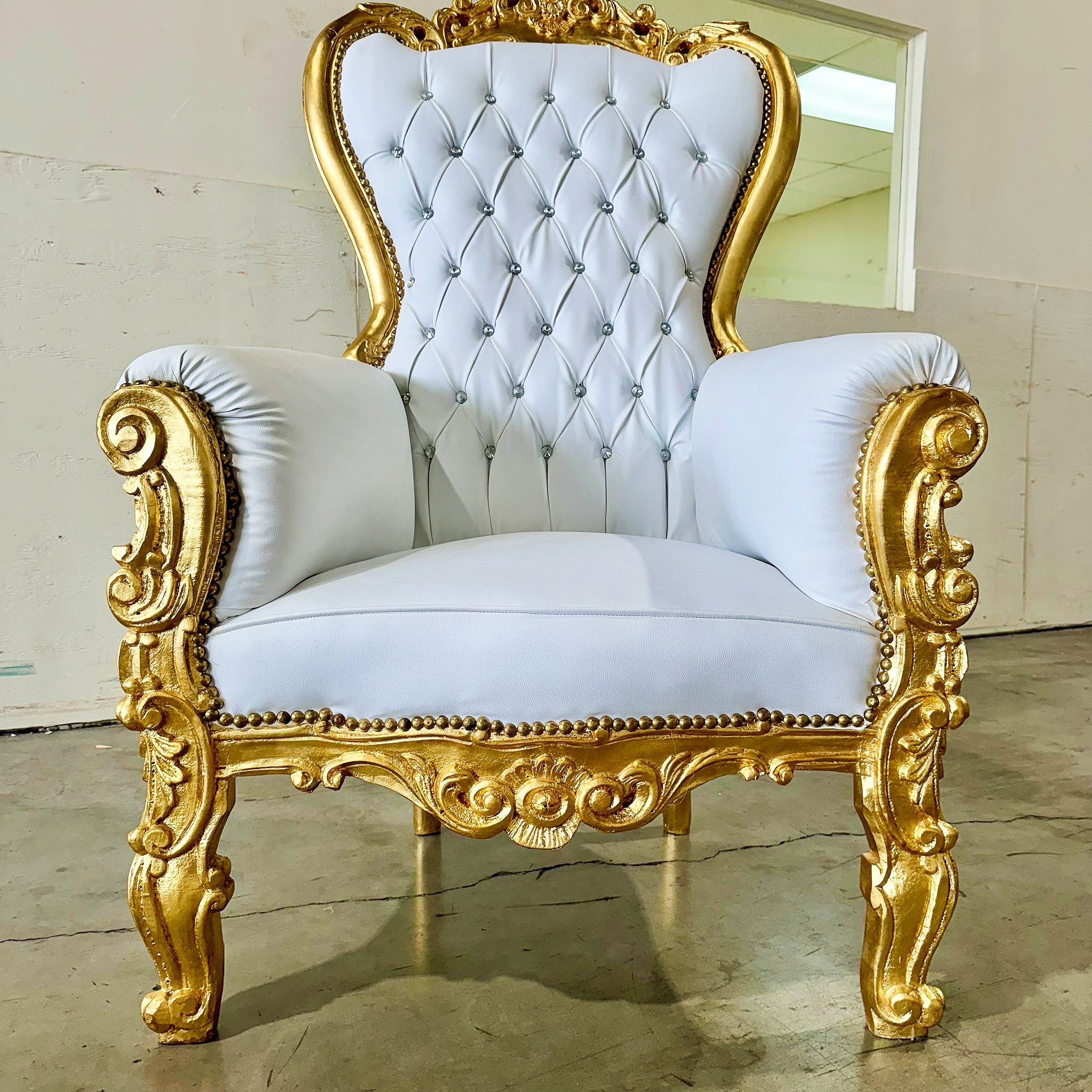 French Style White Throne Chair Midsize Tufted Chair Gold Details