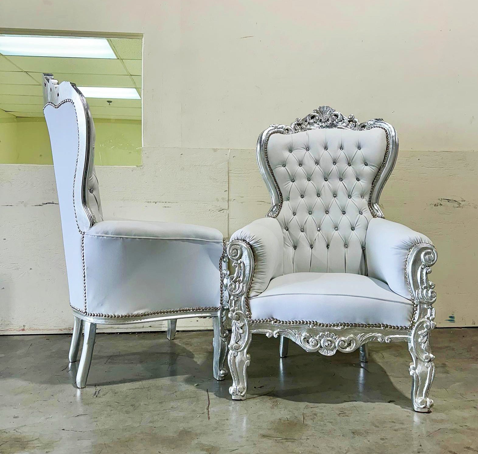 White Throne Chair Midsize French Style Tufted Chair Silver Details