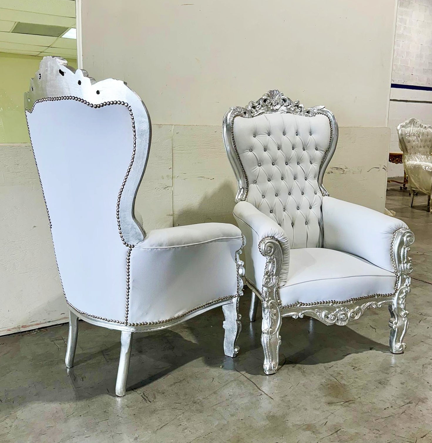 White Throne Chair Midsize French Style Tufted Chair Silver Details