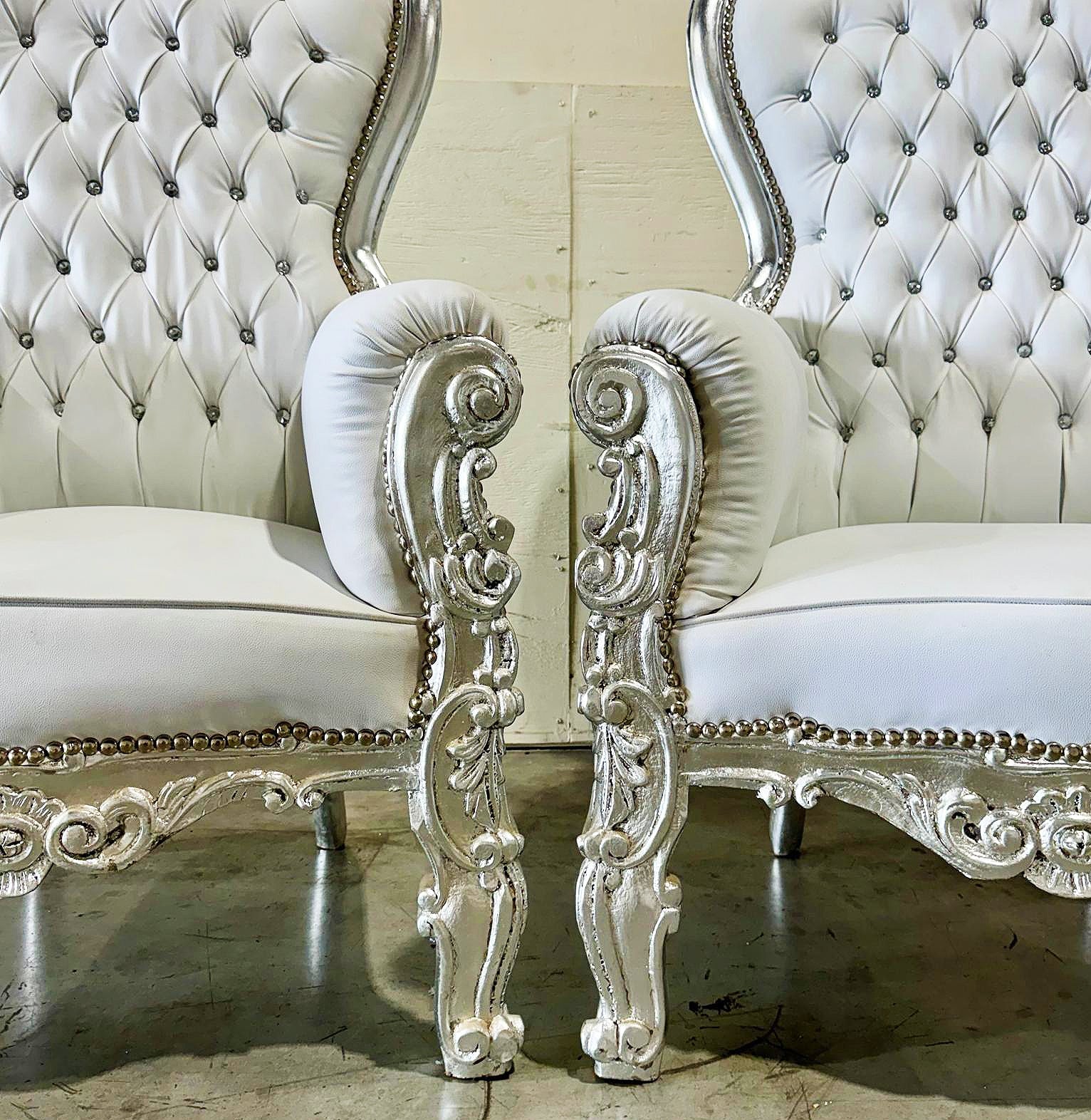 White Throne Chair Midsize French Style Tufted Chair Silver Details