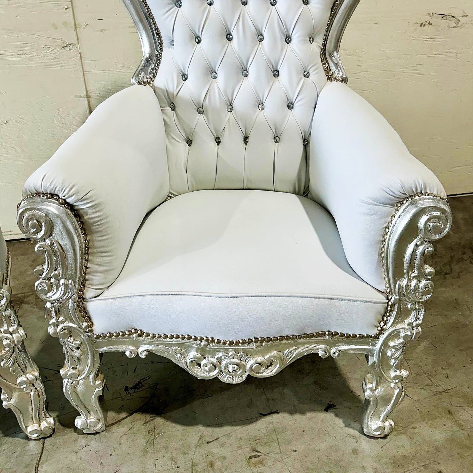 White Throne Chair Midsize French Style Tufted Chair Silver Details