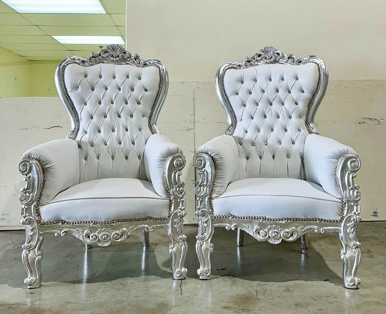White Throne Chair Midsize French Style Tufted Chair Silver Details