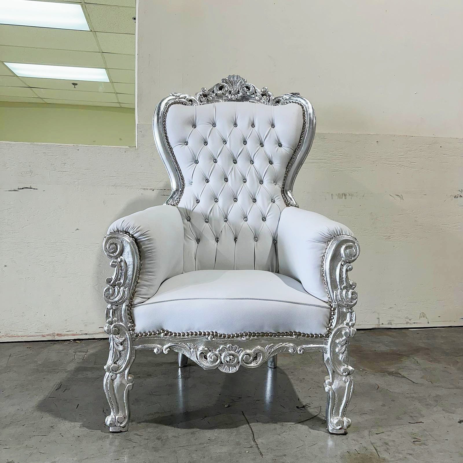 White Throne Chair Midsize French Style Tufted Chair Silver Details