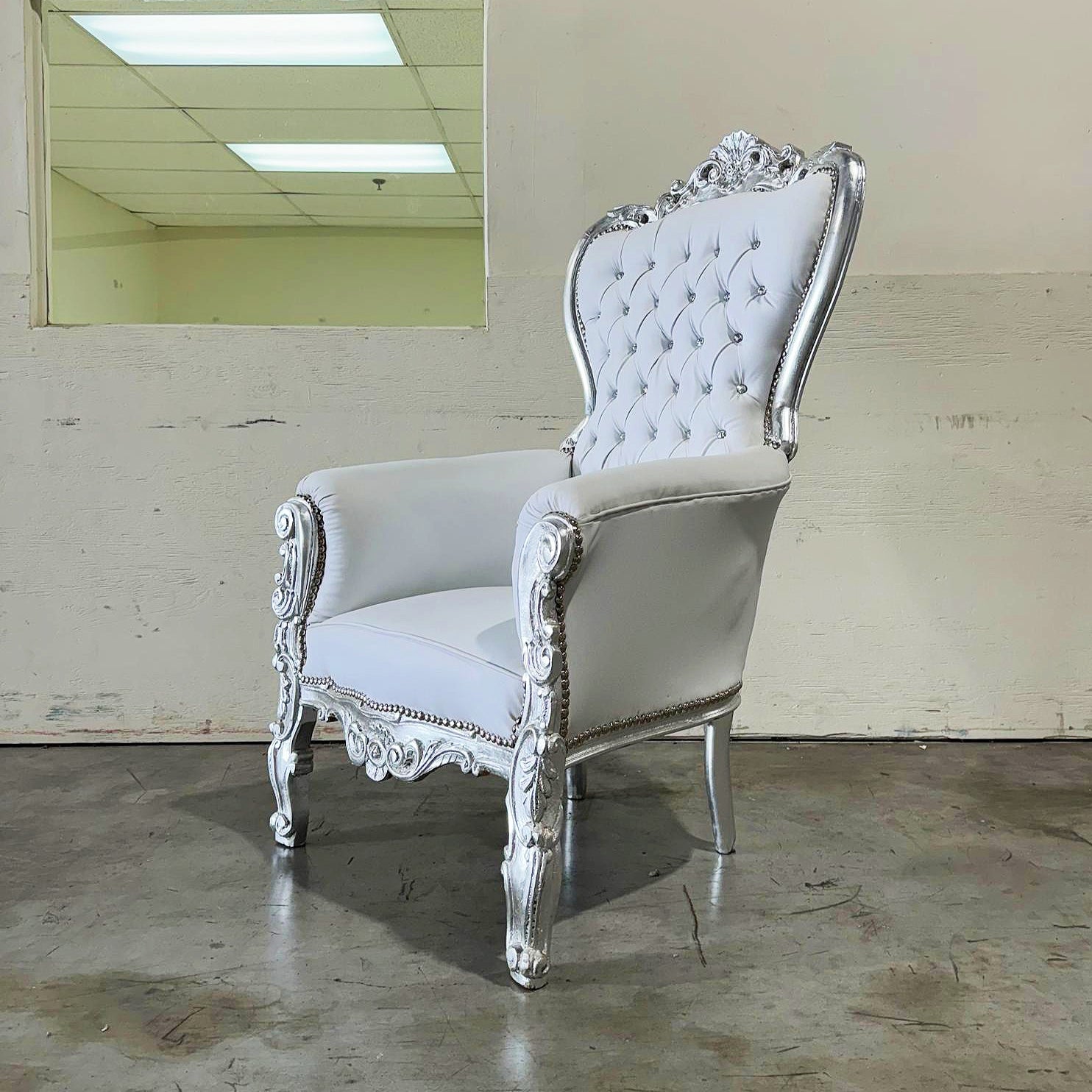 White Throne Chair Midsize French Style Tufted Chair Silver Details