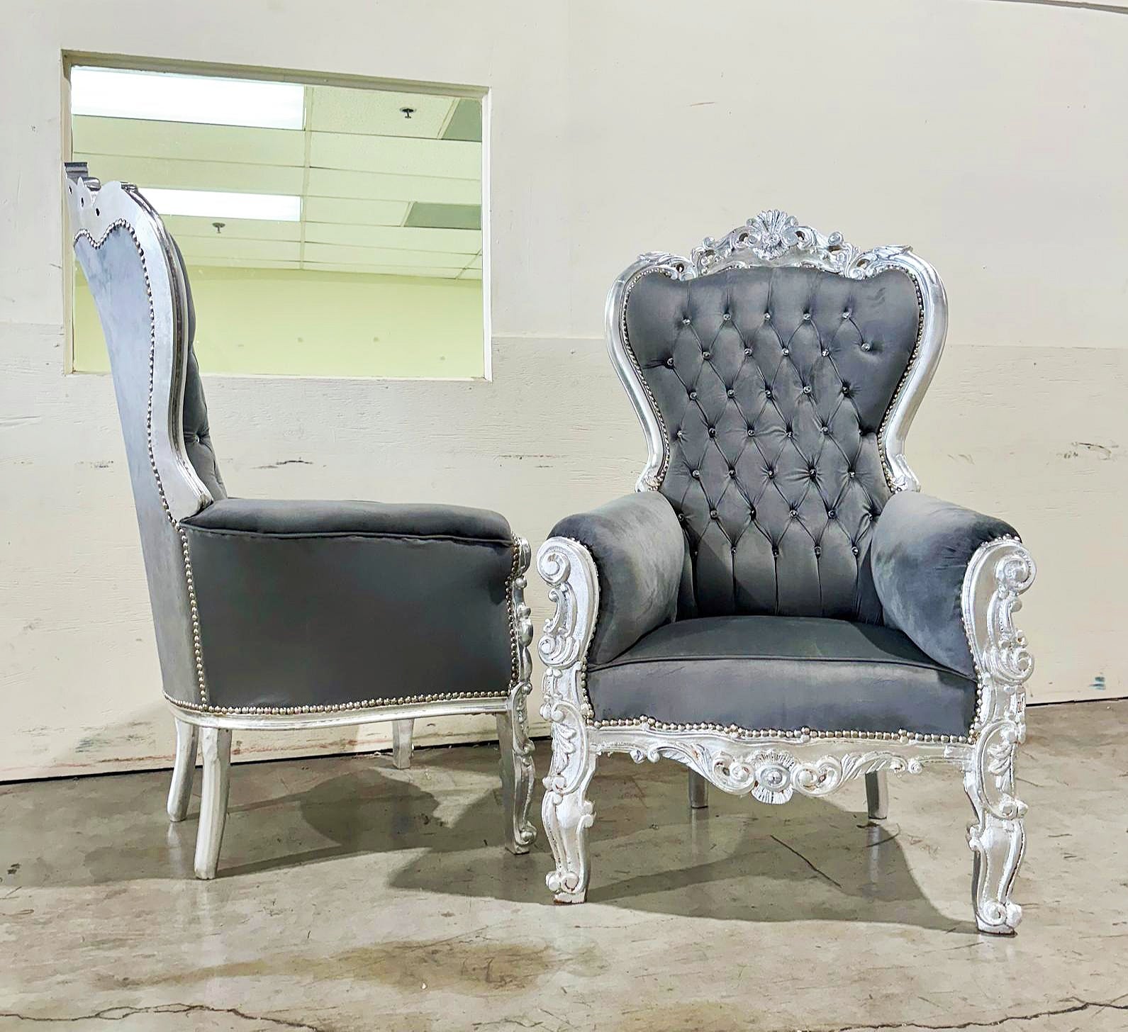 French Style Gray Velvet Throne Chair Tufted Midsize Silver Details Baroque