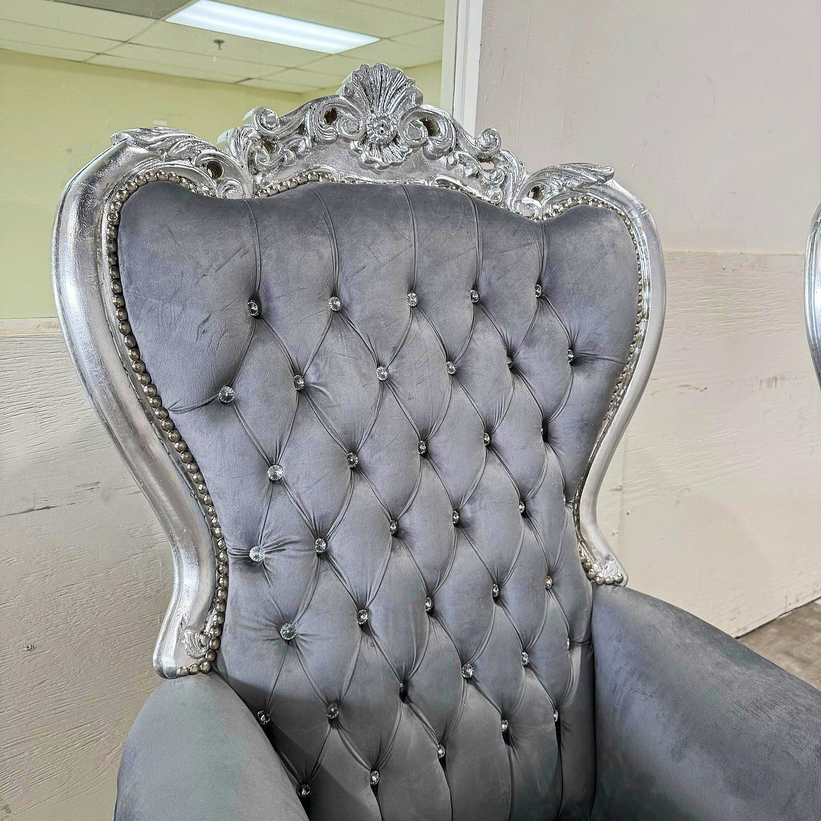 French Style Gray Velvet Throne Chair Tufted Midsize Silver Details Baroque