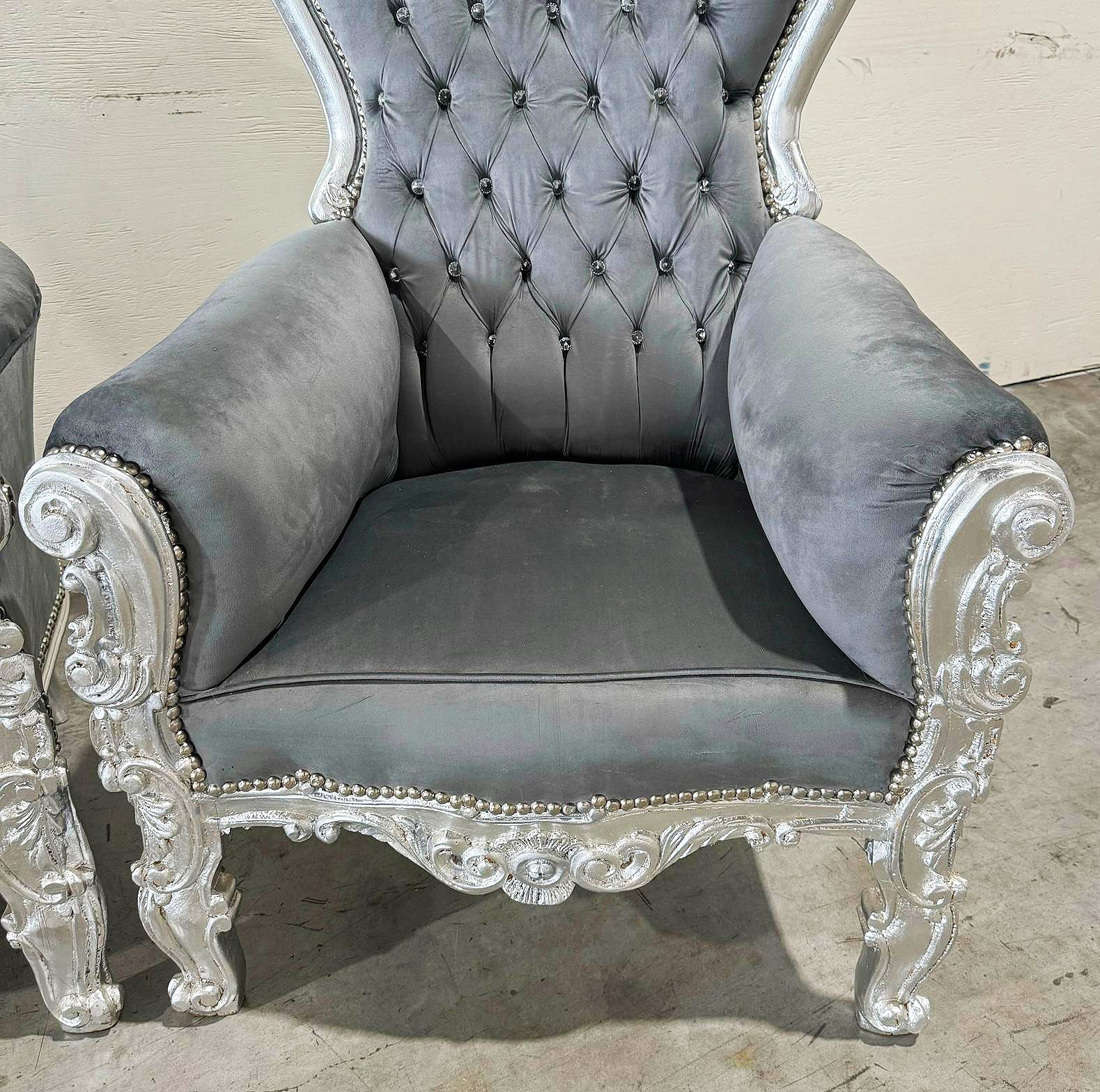 French Style Gray Velvet Throne Chair Tufted Midsize Silver Details Baroque