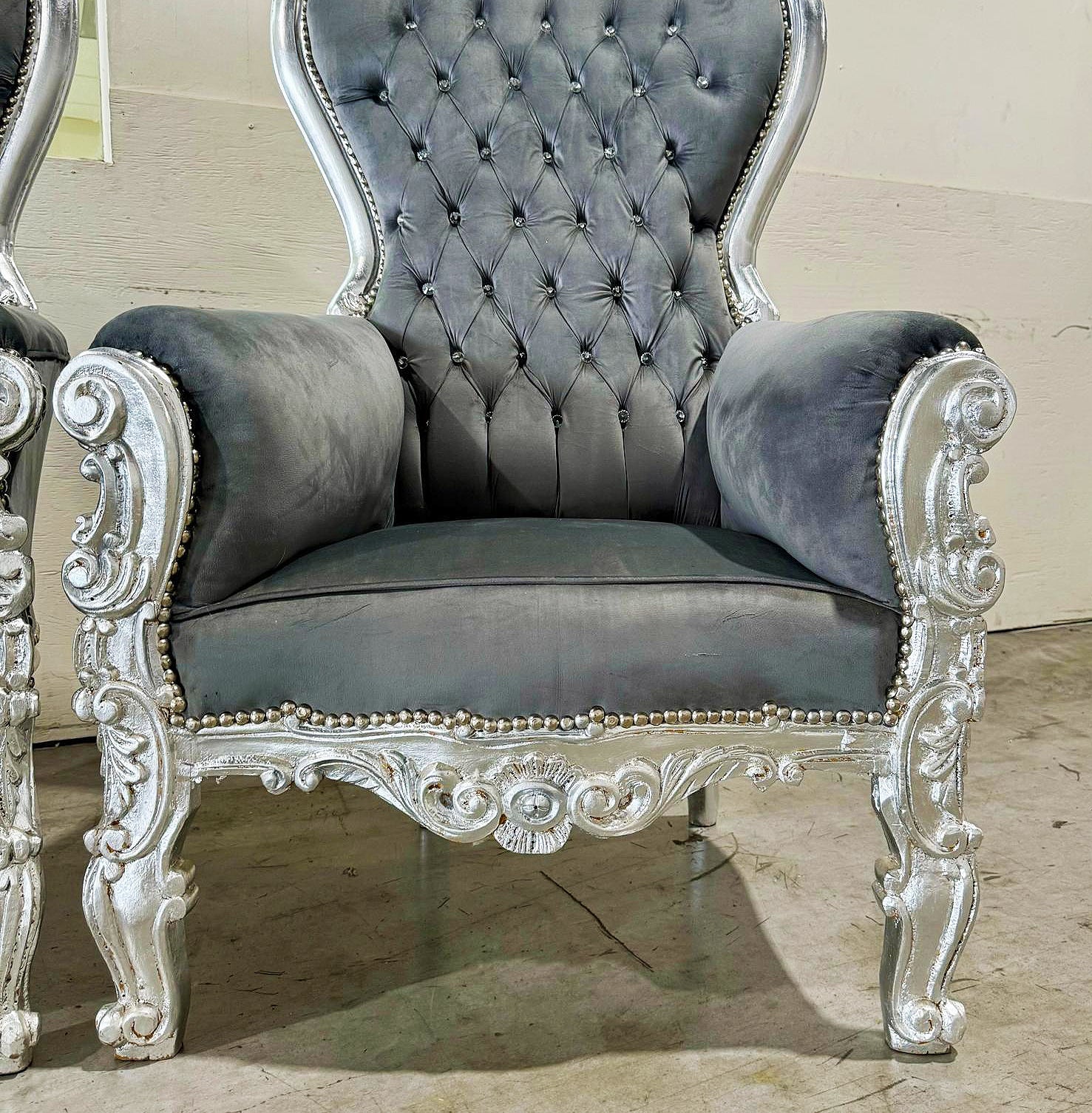 French Style Gray Velvet Throne Chair Tufted Midsize Silver Details Baroque