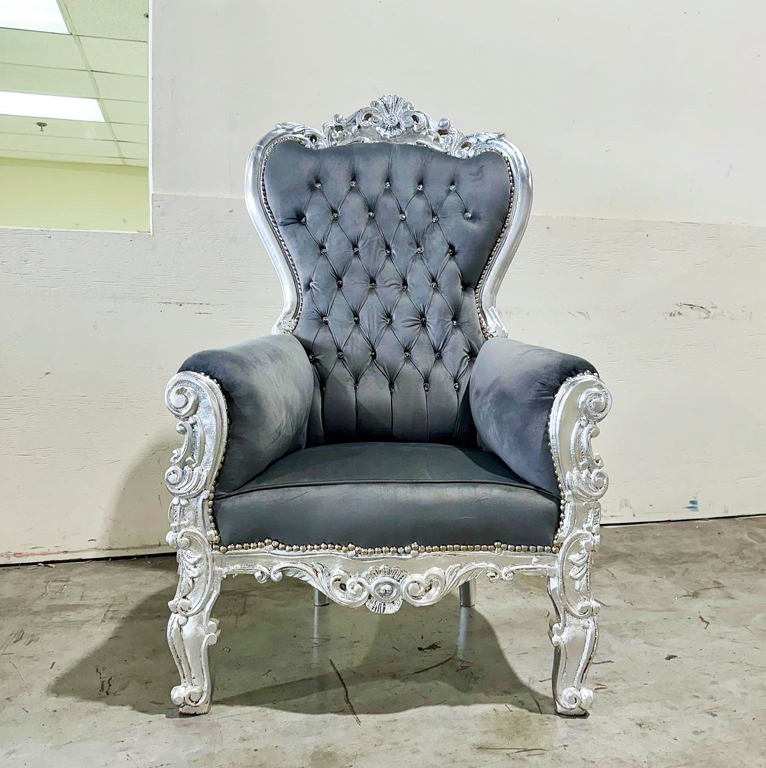 French Style Gray Velvet Throne Chair Tufted Midsize Silver Details Baroque