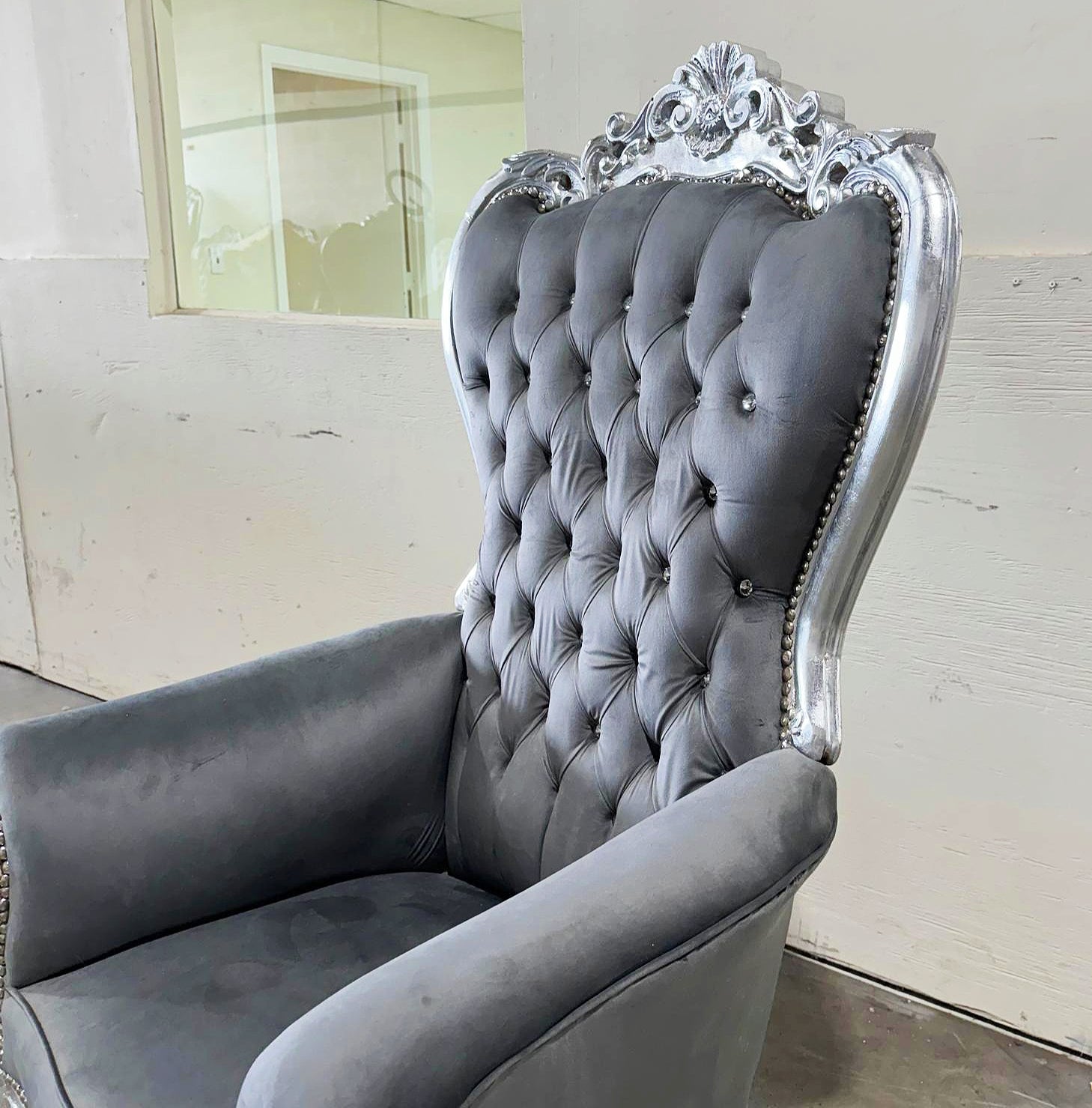 French Style Gray Velvet Throne Chair Tufted Midsize Silver Details Baroque