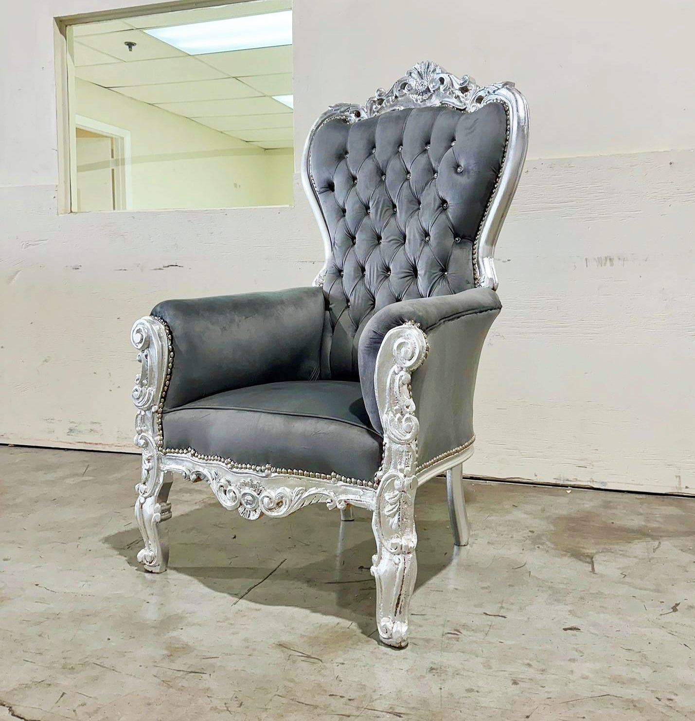 French Style Gray Velvet Throne Chair Tufted Midsize Silver Details Baroque