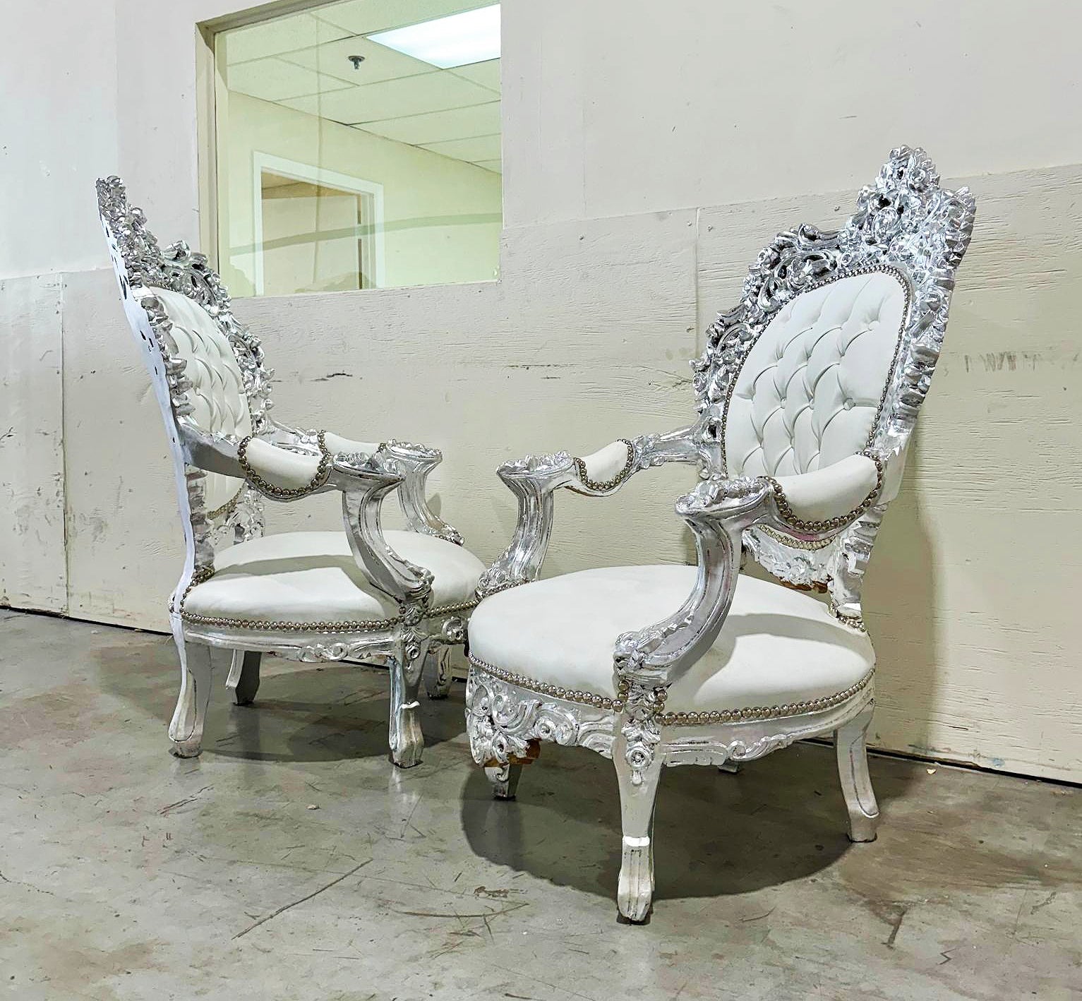 French Style Louis XVI White Armchair Chair with Silver Leaf Details