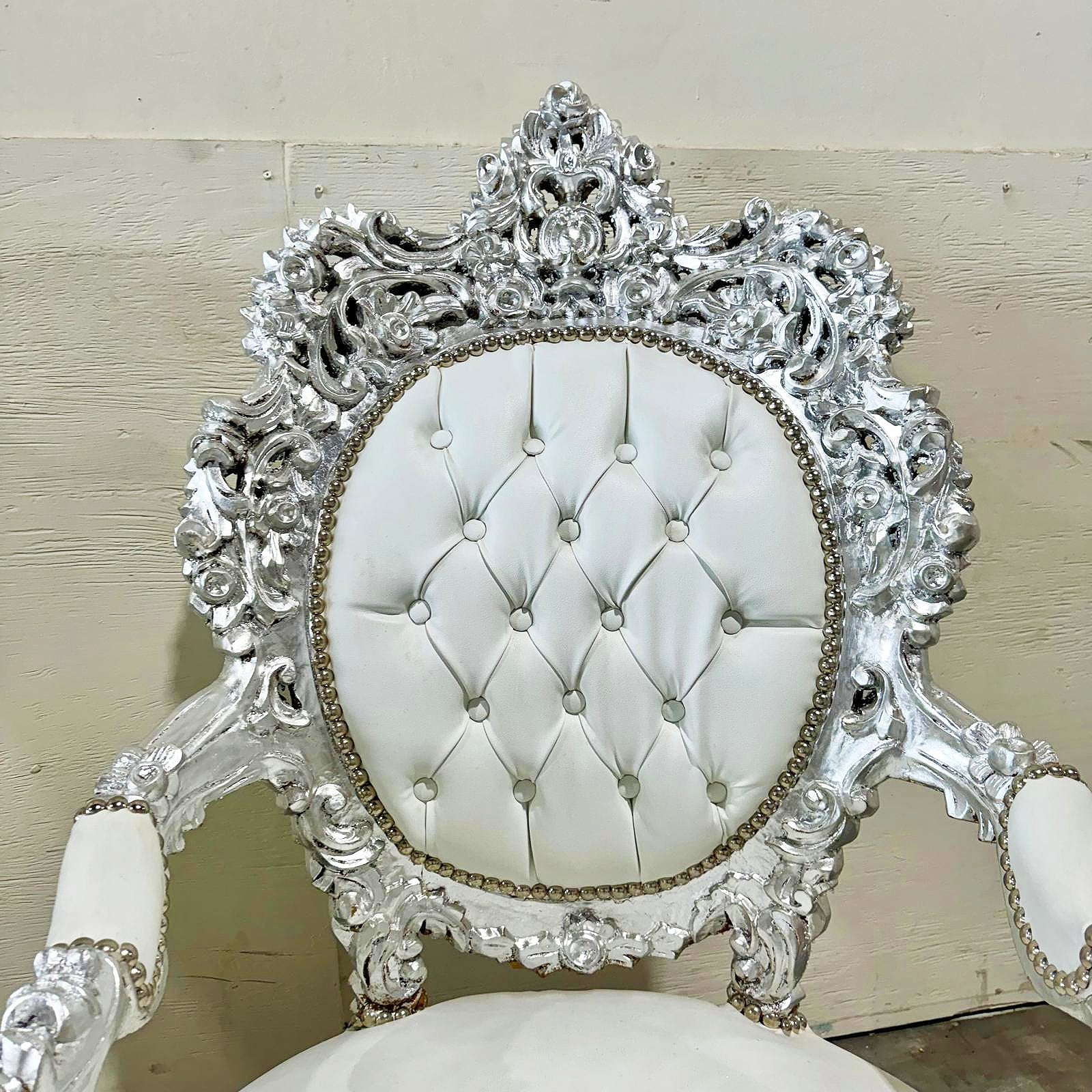 French Style Louis XVI White Armchair Chair with Silver Leaf Details