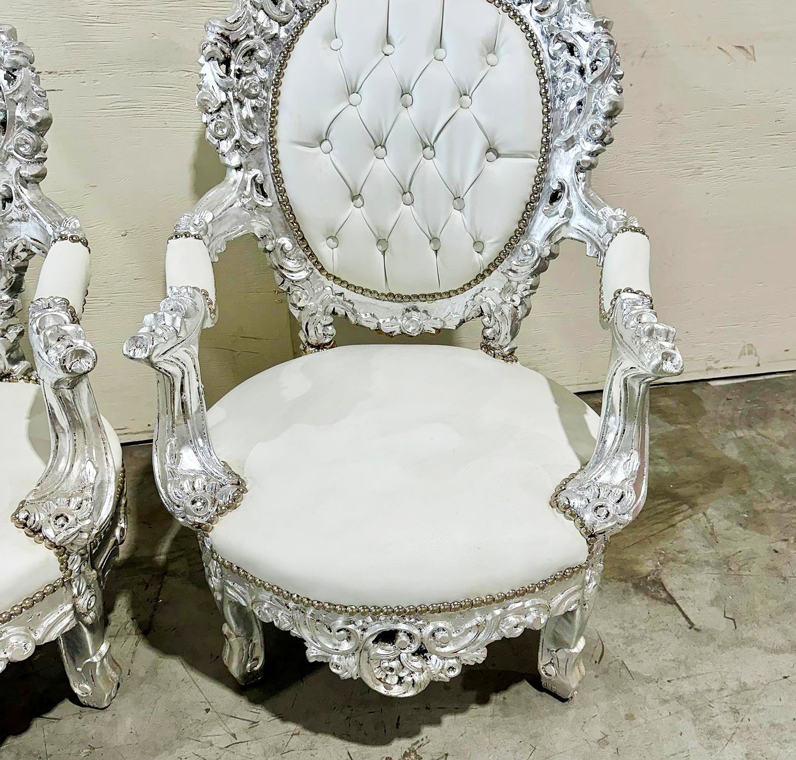 French Style Louis XVI White Armchair Chair with Silver Leaf Details