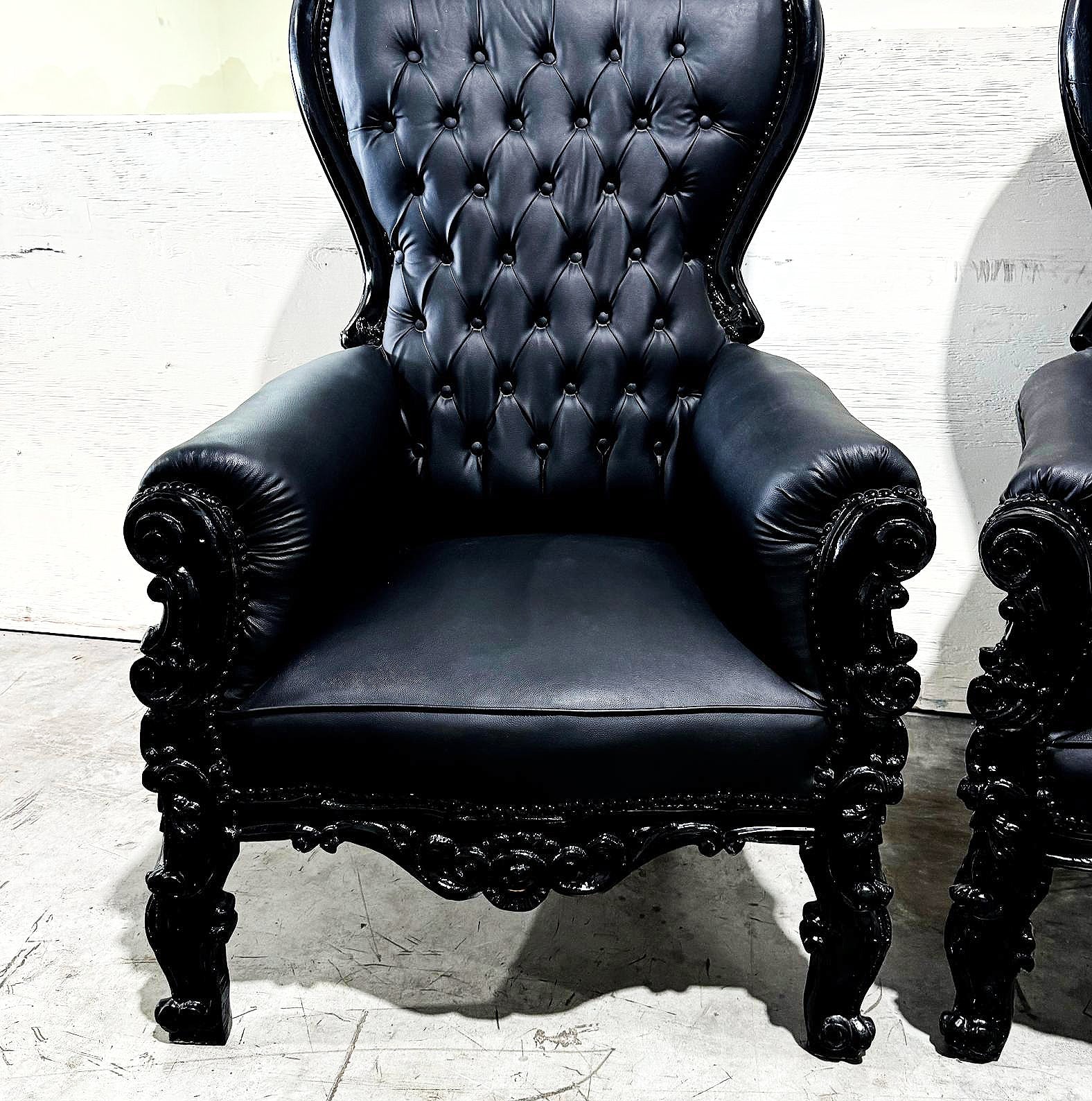 Black Leather Throne Chair French Style Midsize Tufted Chair