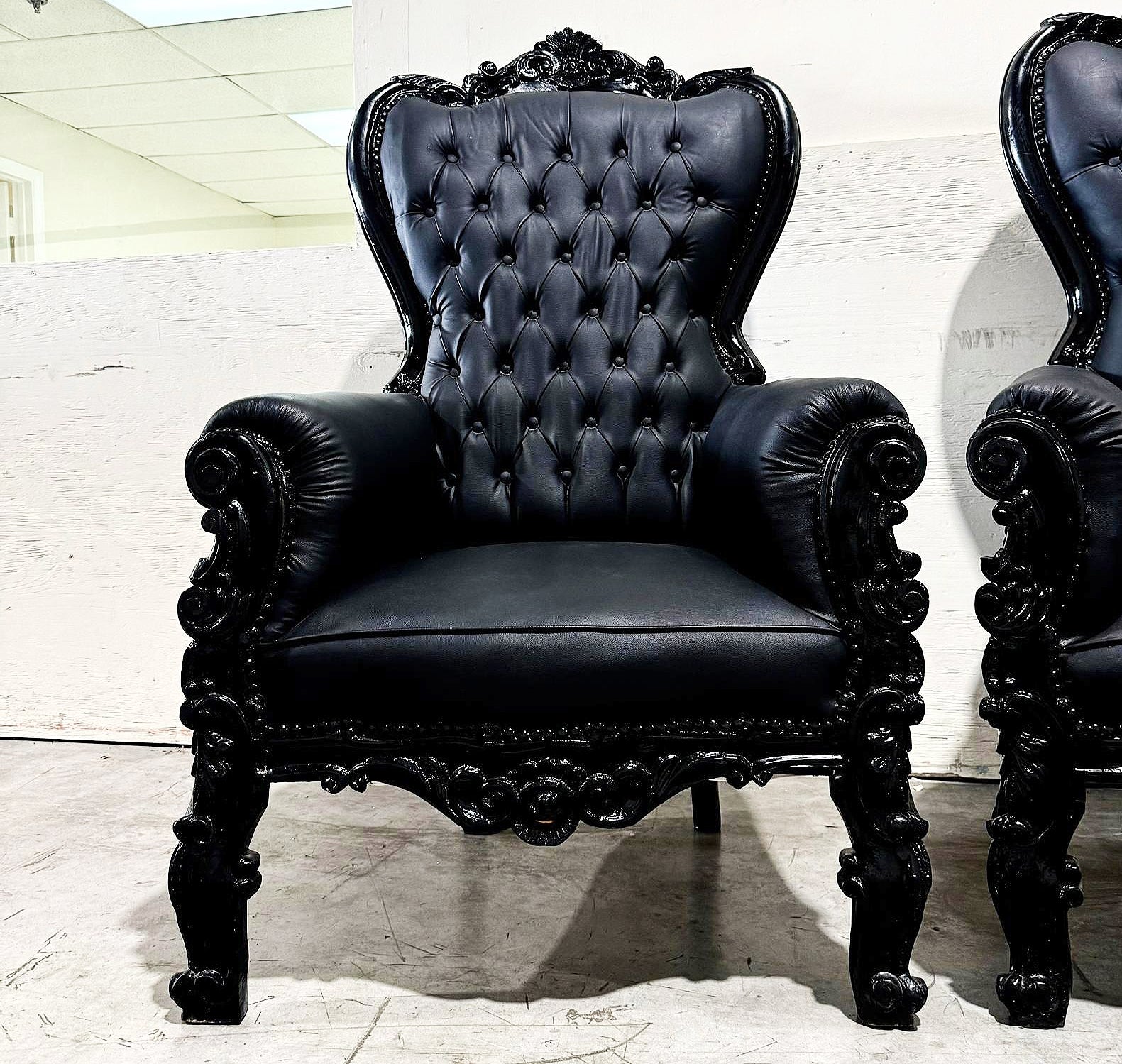 Black Leather Throne Chair French Style Midsize Tufted Chair