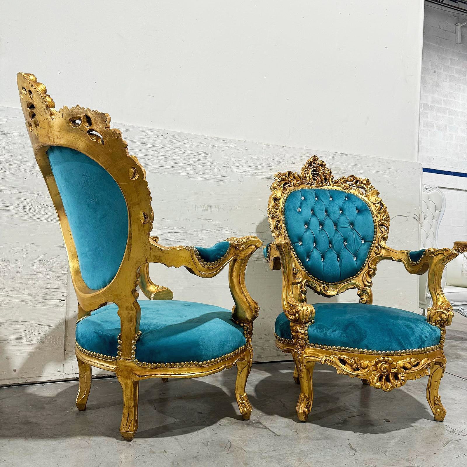 French Style Louis XVI Turquoise Velvet Armchair Chair with Gold Details